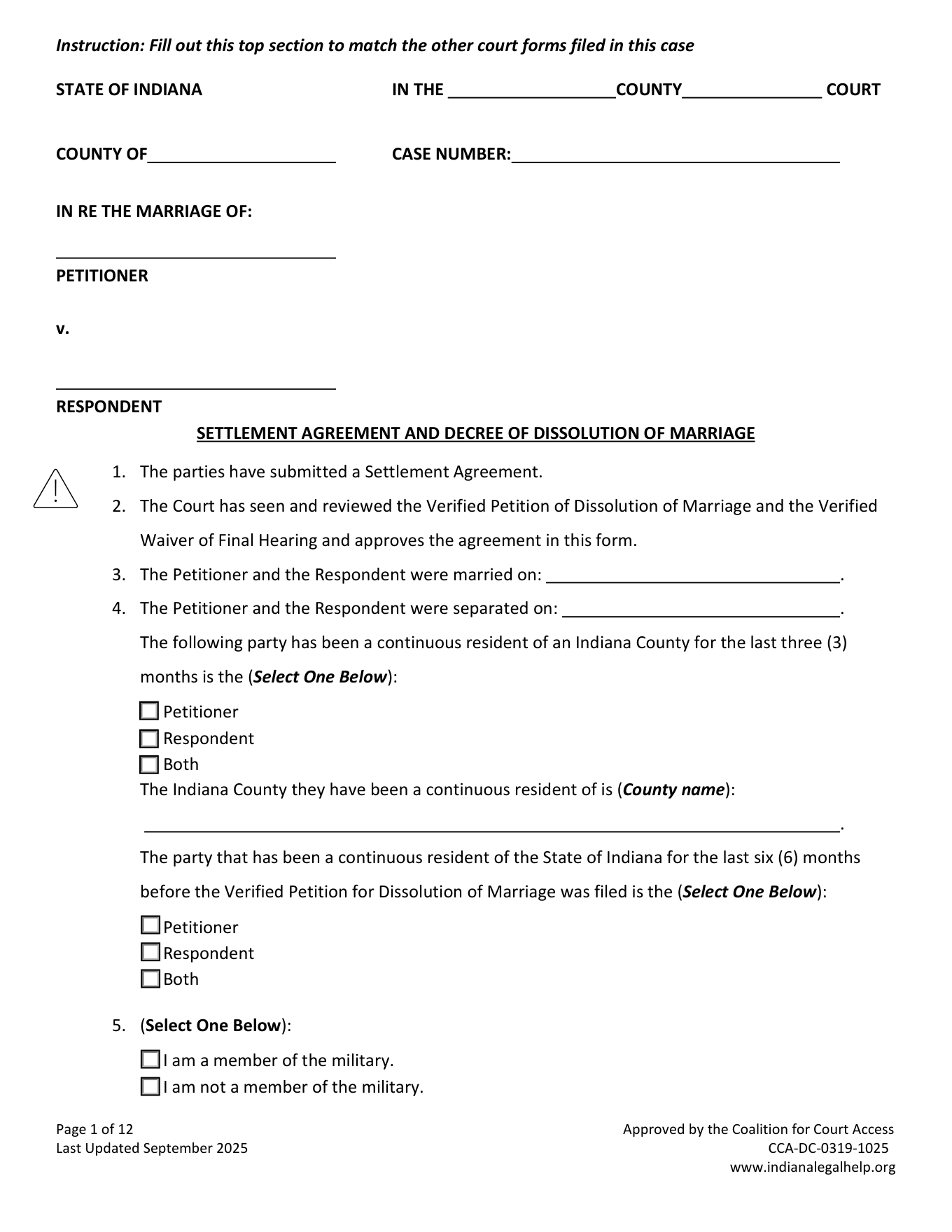 Page 1 of the official Indiana combined Settlement Agreement and Decree of Dissolution of Marriage (minor children) included in the download