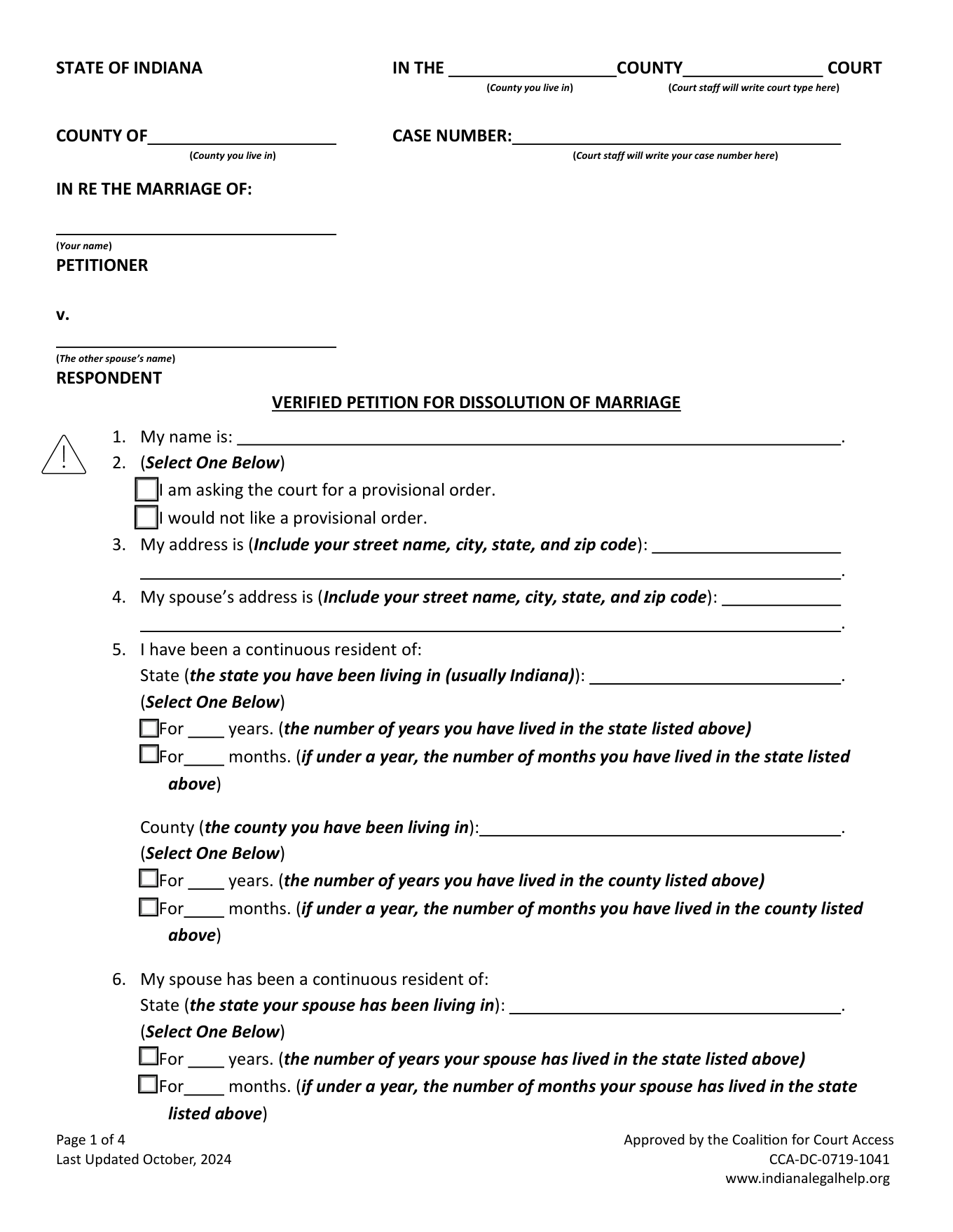 Page 1 of the official Indiana Verified Petition for Dissolution of Marriage (no children) included in the download