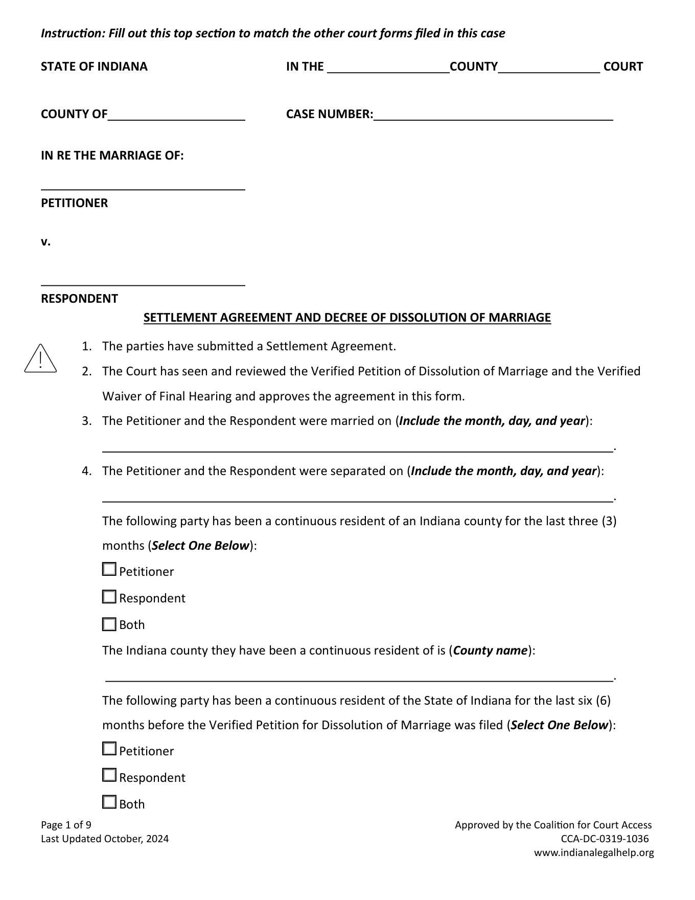 Page 1 of the official Indiana combined Settlement Agreement and Decree of Dissolution of Marriage (no children) included in the download
