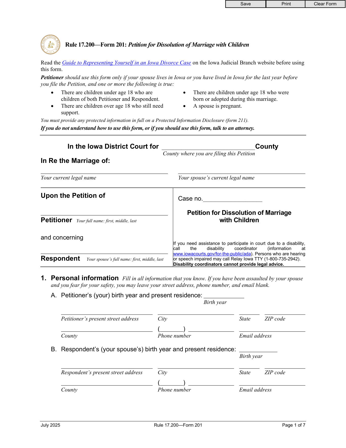Page 1 of the official Iowa Petition for Dissolution of Marriage (Form 201, With Children) included in the download