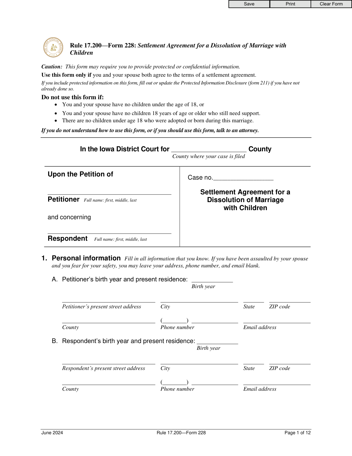 Page 1 of the official Iowa Settlement Agreement (Form 228, With Children) included in the download