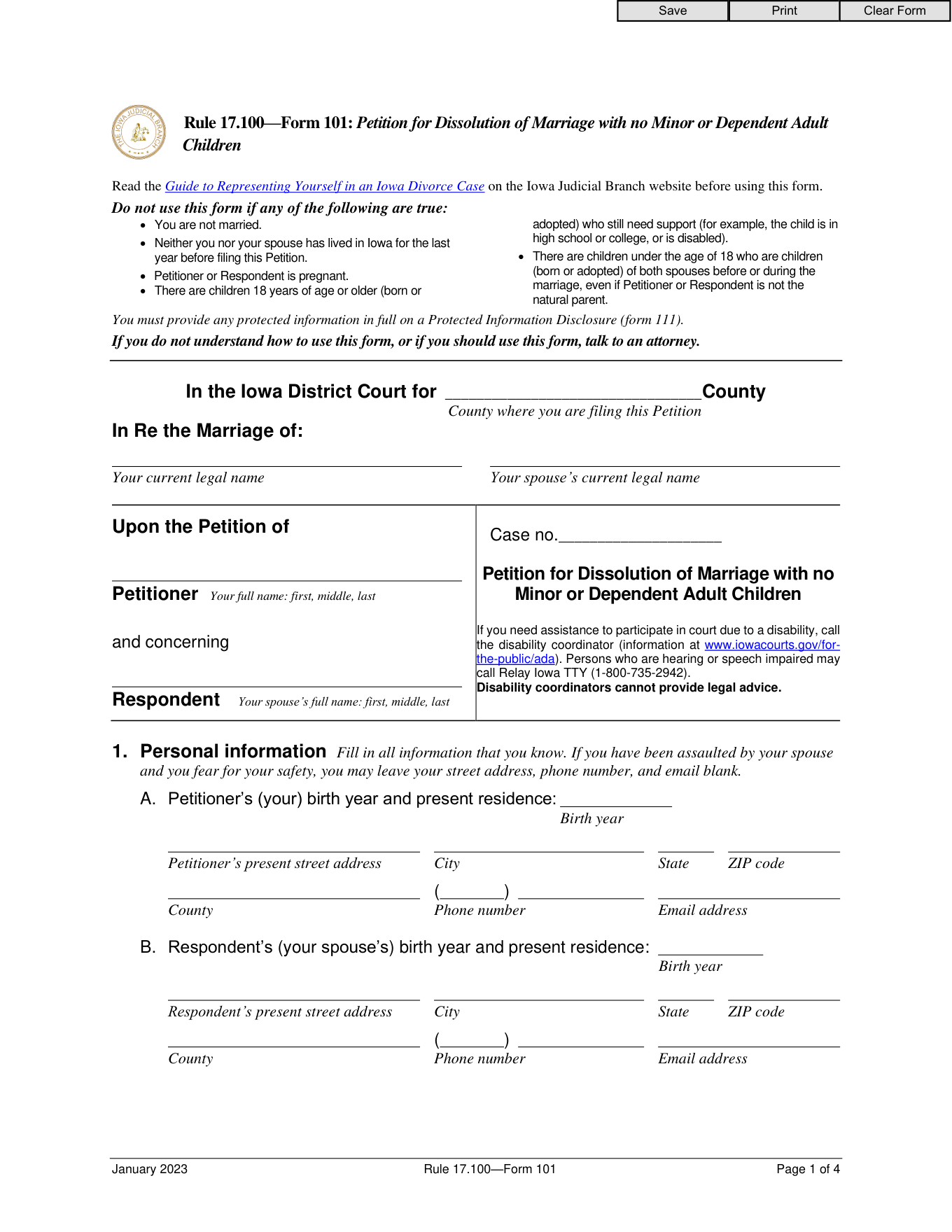 Page 1 of the official Iowa Petition for Dissolution of Marriage (Form 101, No Minor Children) included in the download