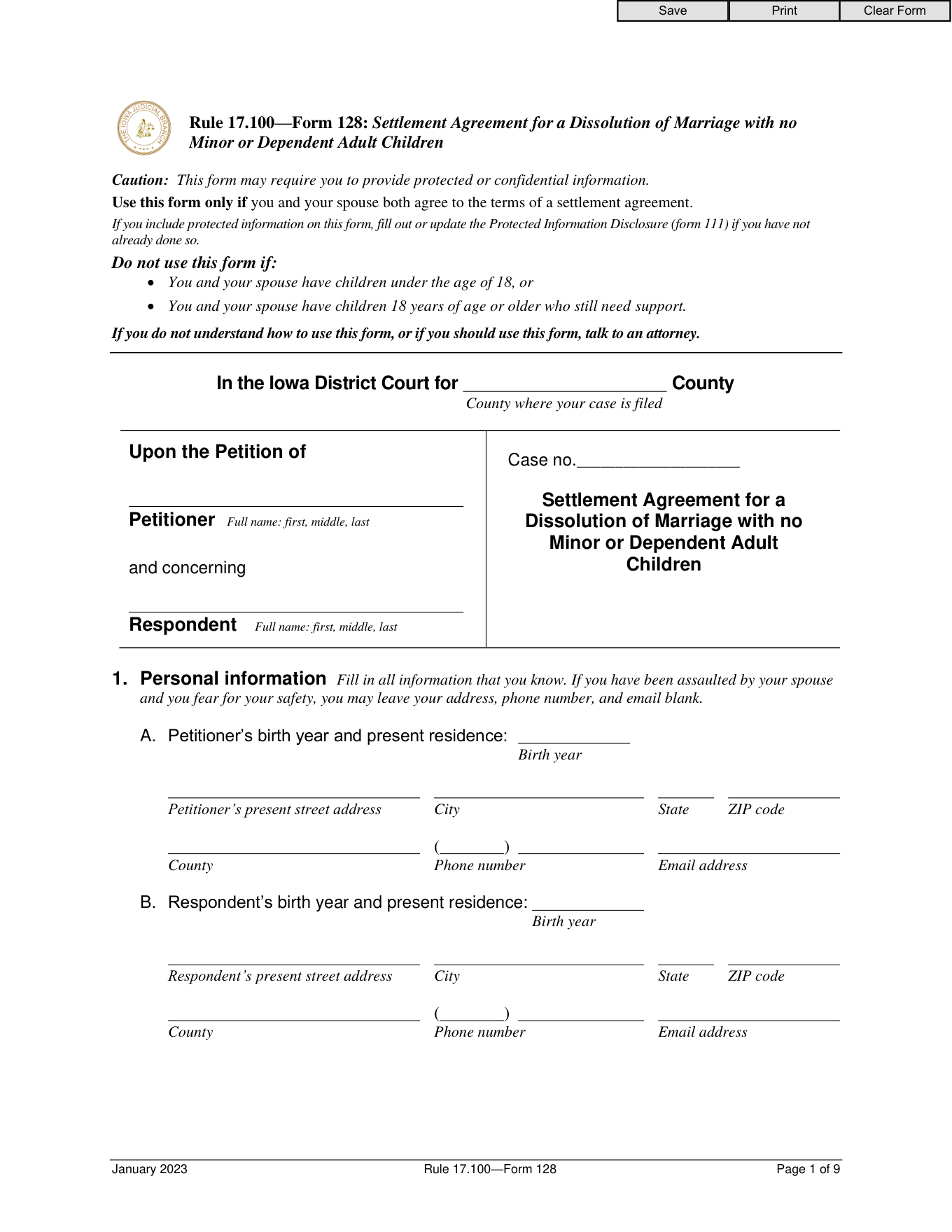 Page 1 of the official Iowa Settlement Agreement (Form 128, No Minor Children) included in the download