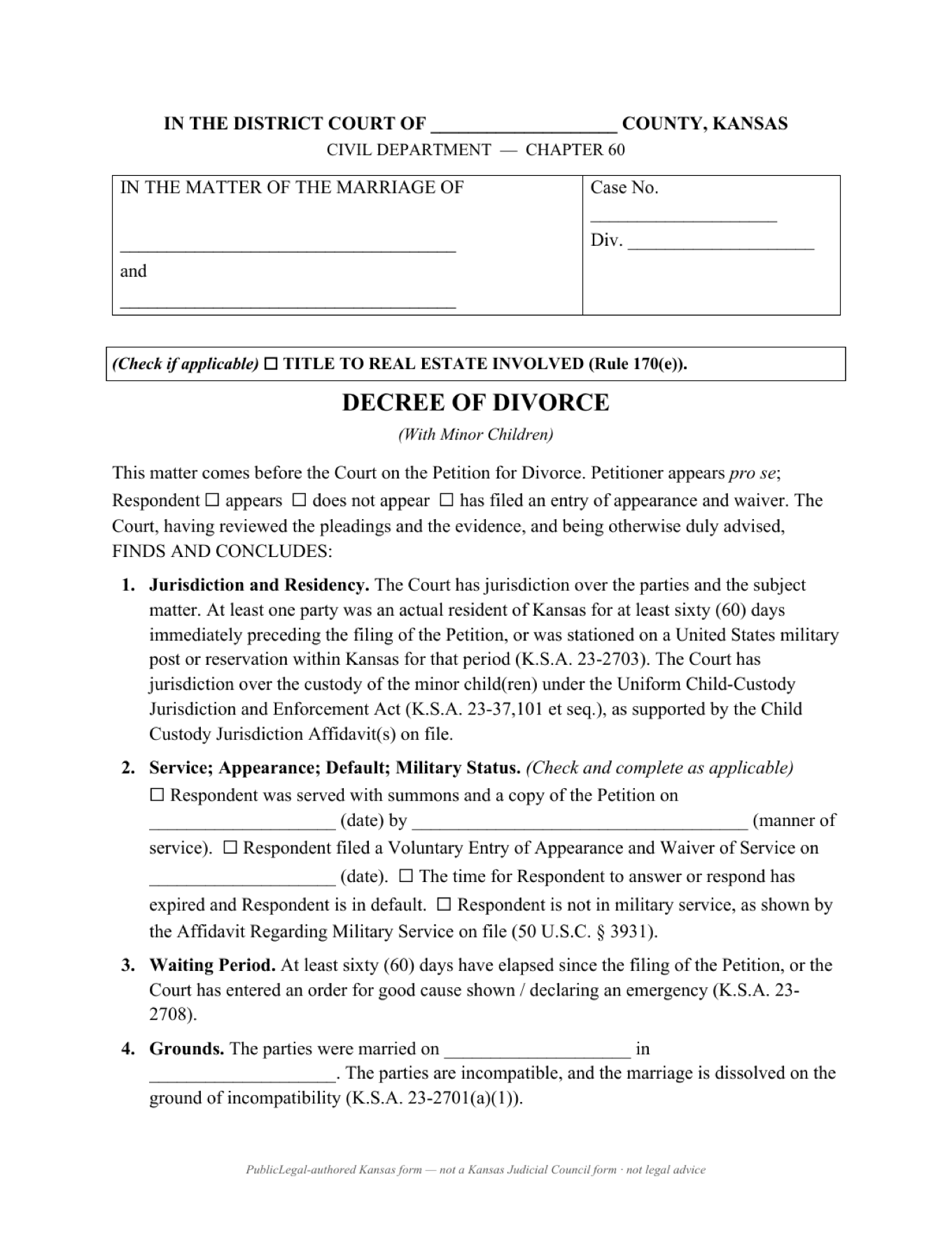 Page 1 of the PublicLegal-authored proposed Kansas Decree of Divorce (With Minor Children) included in the download