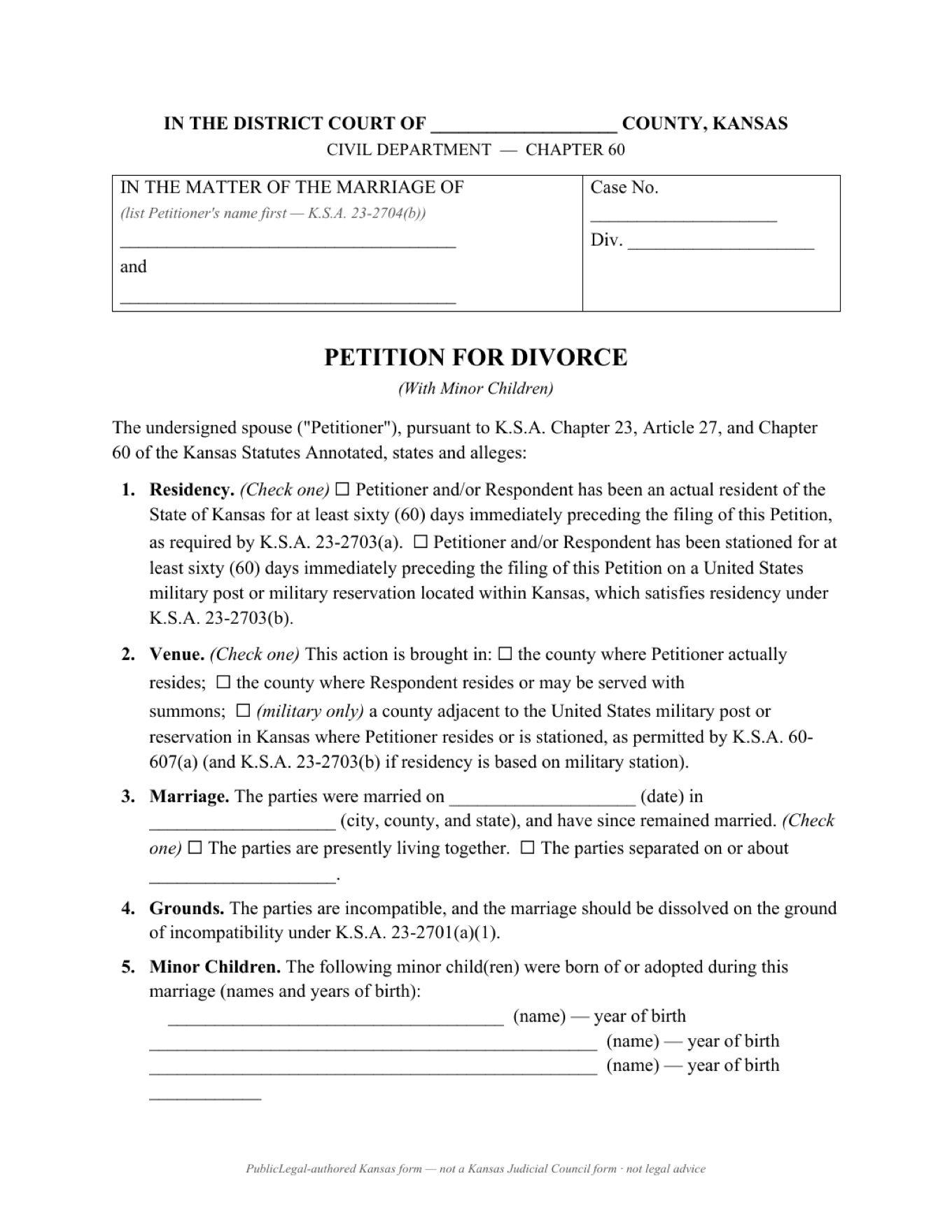 Page 1 of the PublicLegal-authored Kansas Petition for Divorce (With Minor Children) included in the download