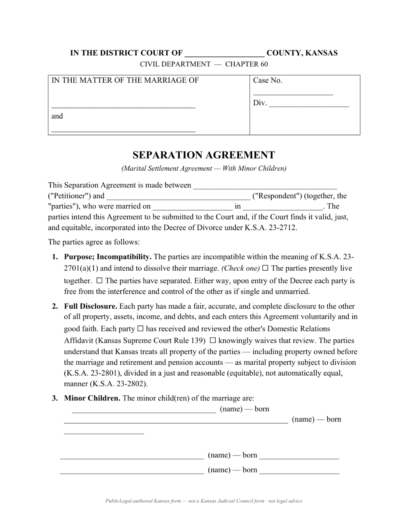 Page 1 of the PublicLegal-authored Kansas Marital Settlement Agreement (With Minor Children) included in the download