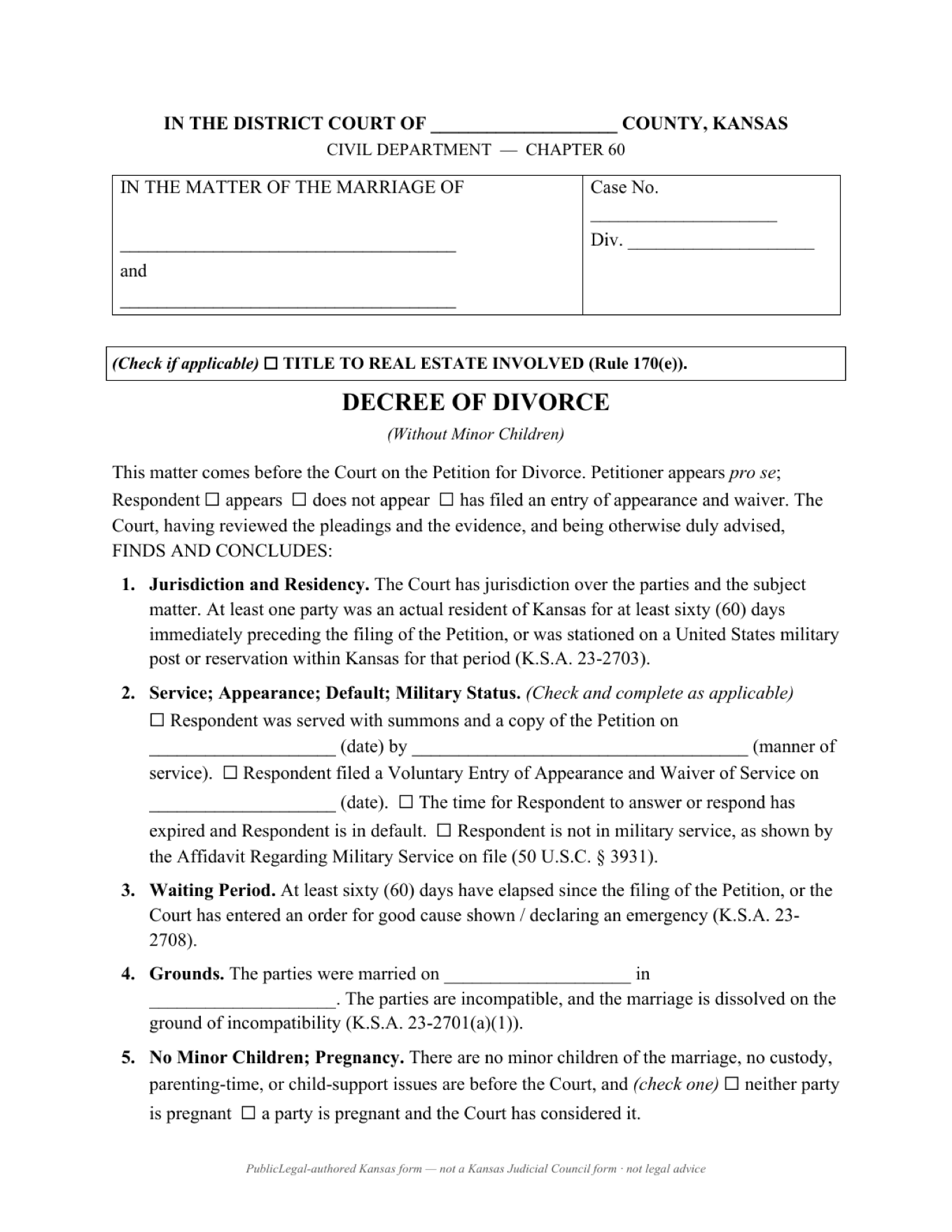 Page 1 of the PublicLegal-authored proposed Kansas Decree of Divorce (No Children) included in the download