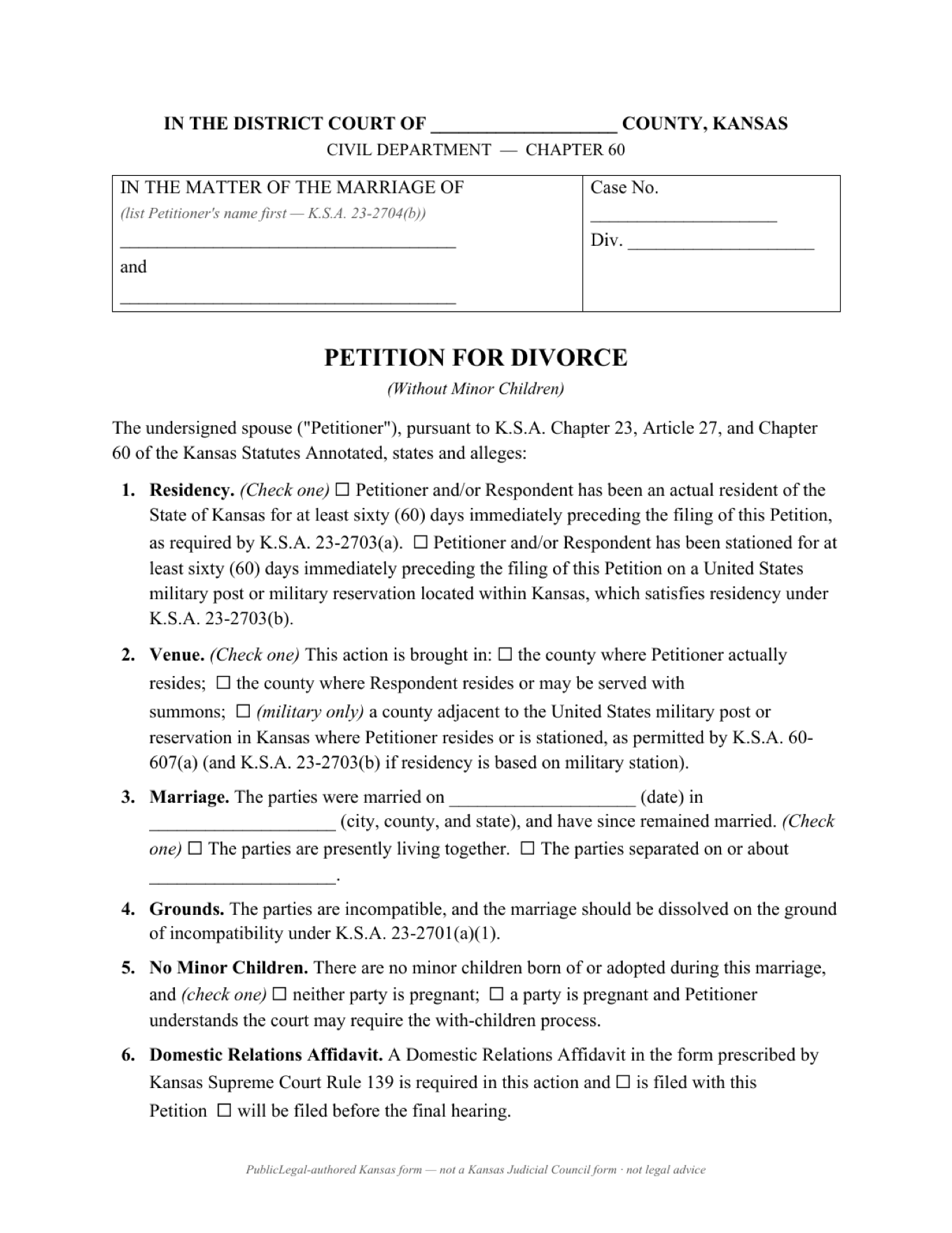Page 1 of the PublicLegal-authored Kansas Petition for Divorce (No Minor Children) included in the download