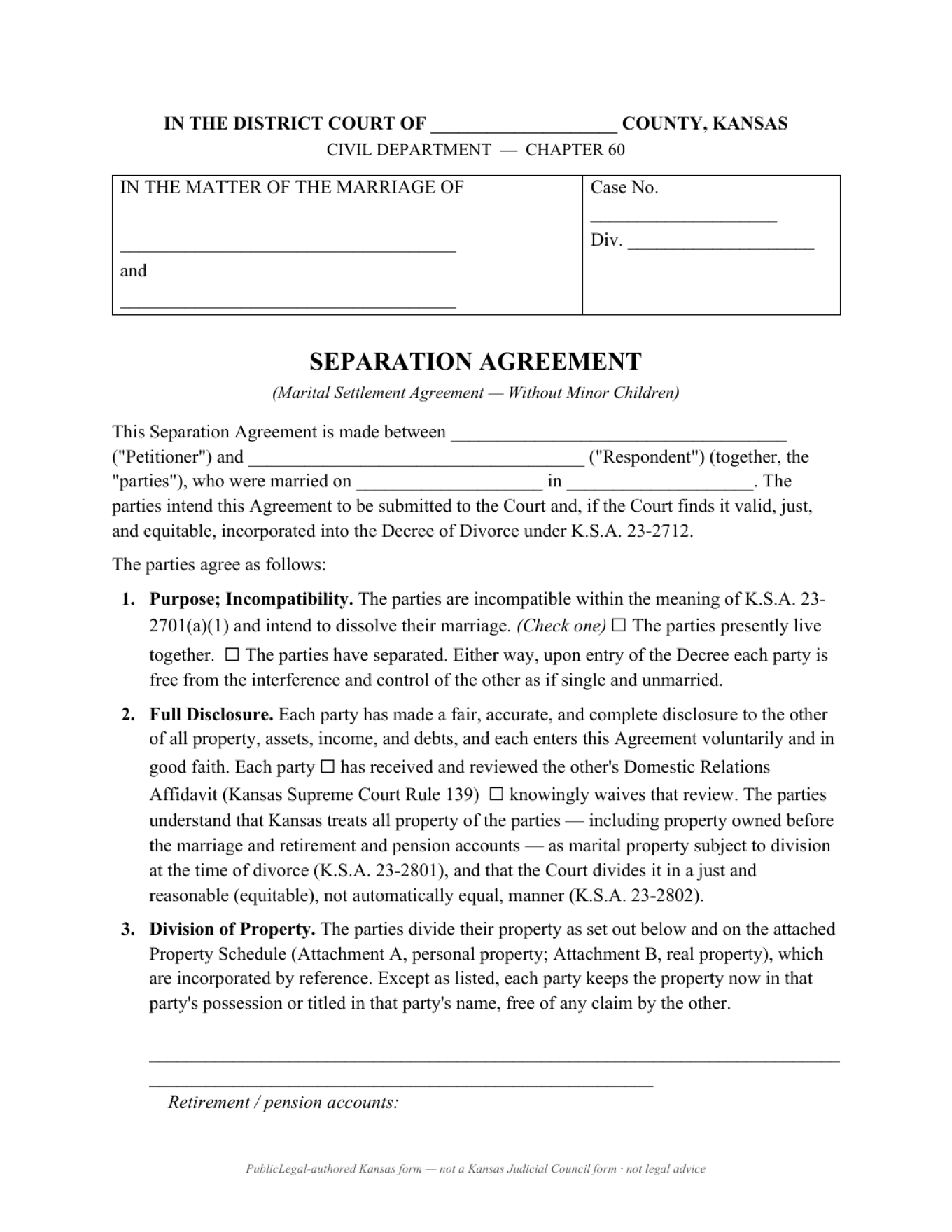 Page 1 of the PublicLegal-authored Kansas Marital Settlement Agreement (No Children) included in the download