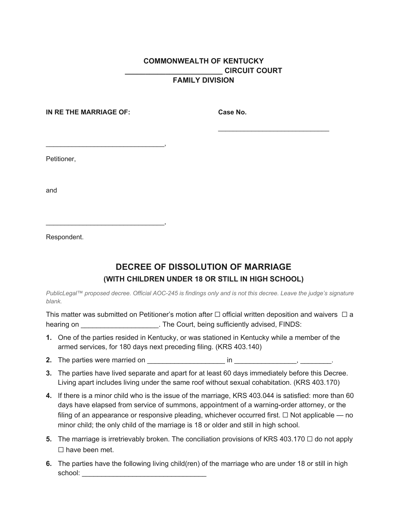 Page 1 of the blank Kentucky Decree of Dissolution of Marriage (Minor Children) included in the download