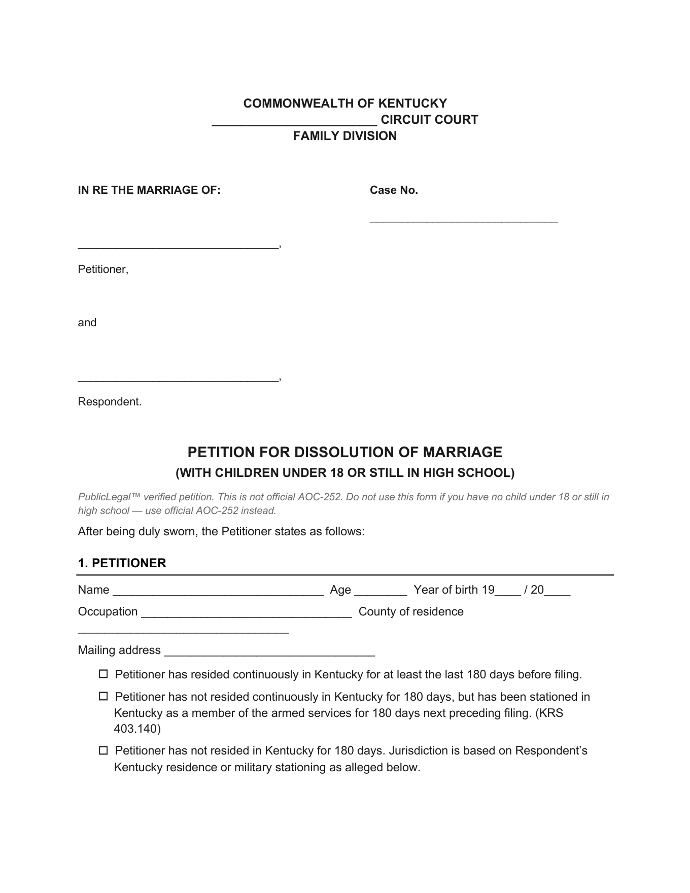 Page 1 of the blank Kentucky Petition for Dissolution of Marriage (Minor Children) included in the download