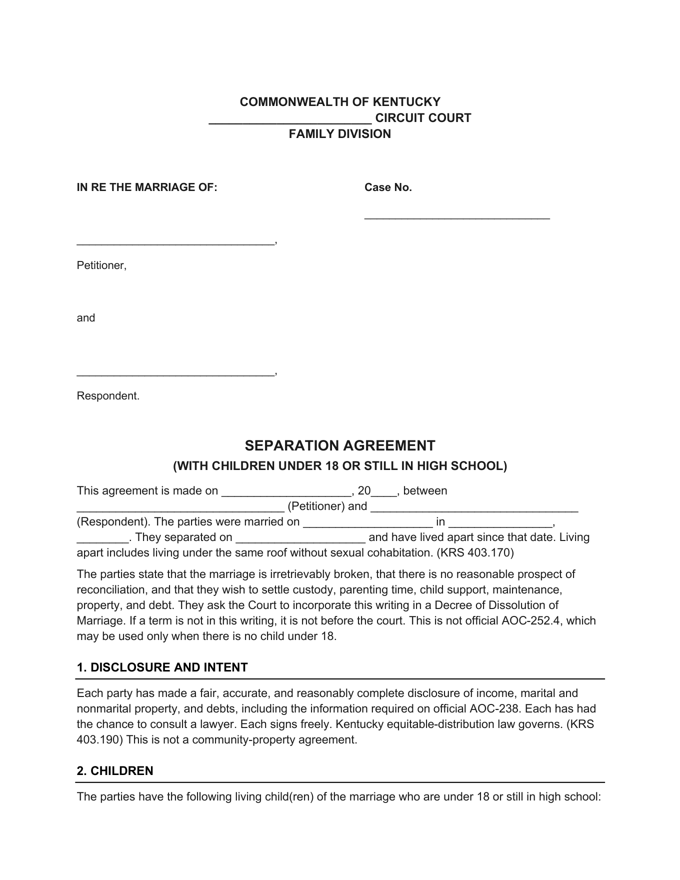 Page 1 of the blank Kentucky Separation Agreement (Minor Children) included in the download