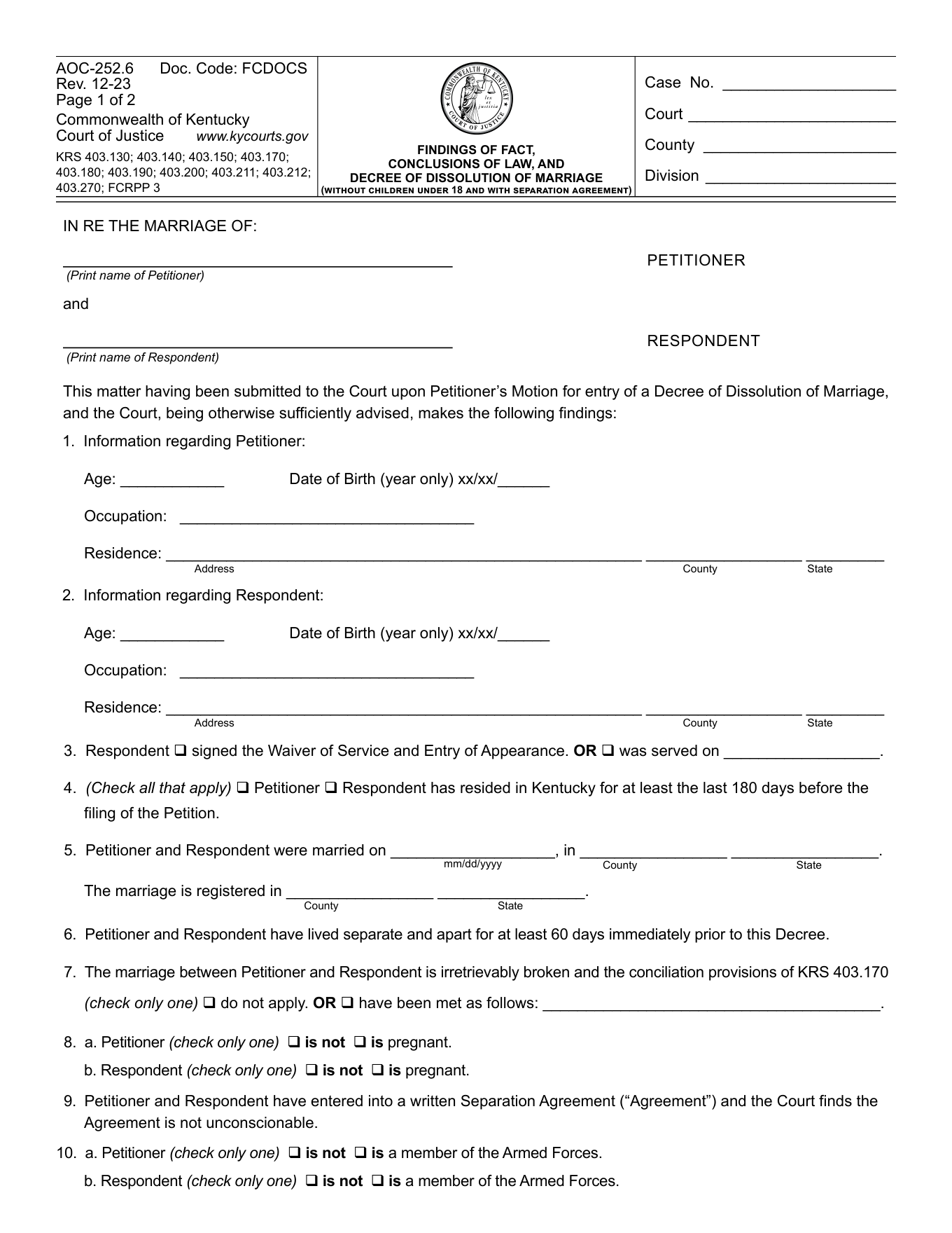 Page 1 of the blank official Kentucky Decree of Dissolution of Marriage included in the download