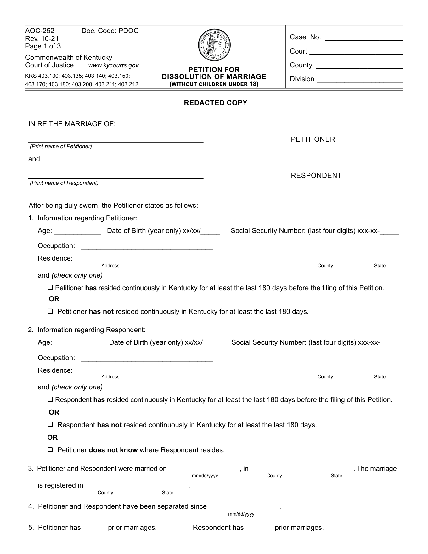 Page 1 of the blank official Kentucky Petition for Dissolution of Marriage included in the download