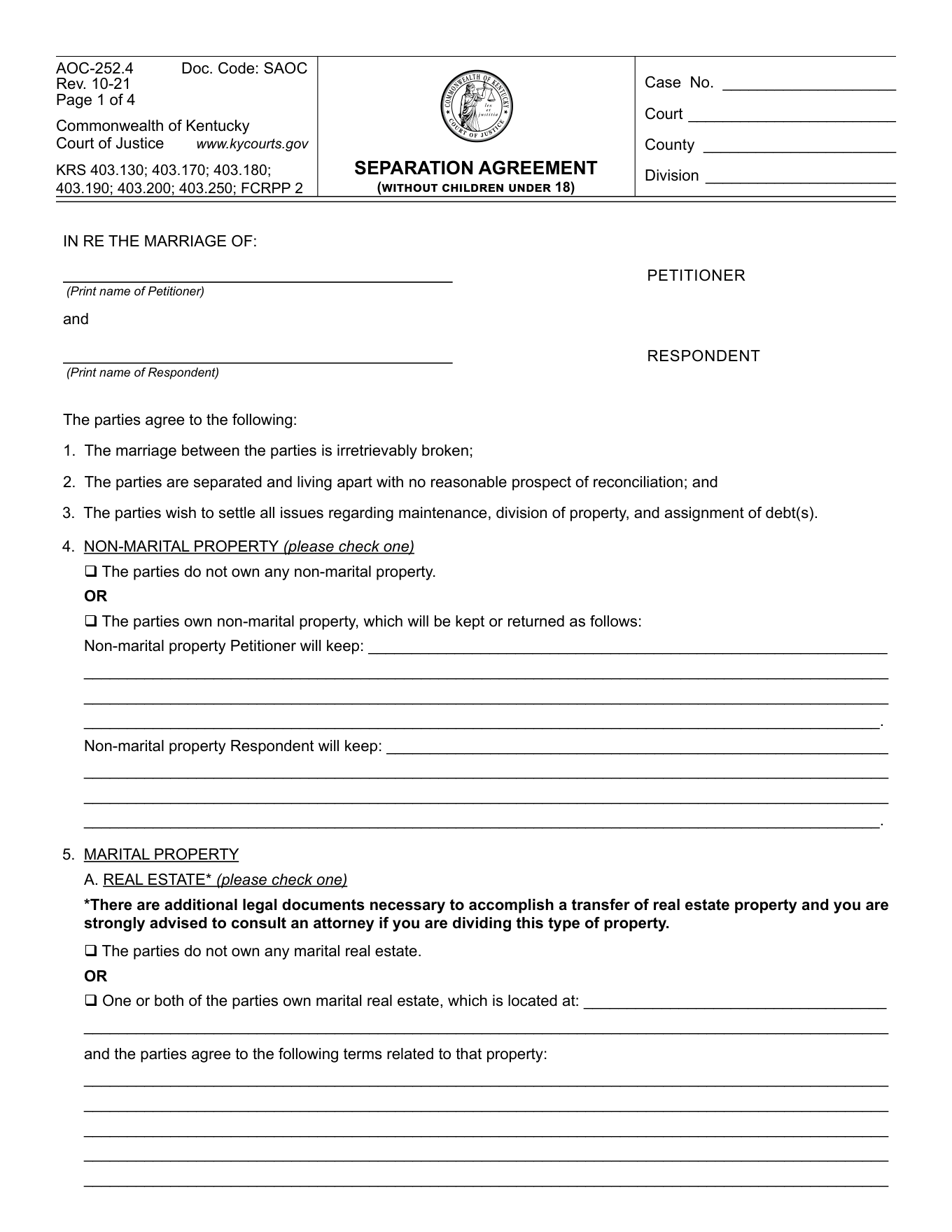Page 1 of the blank official Kentucky Separation Agreement (No Children) included in the download