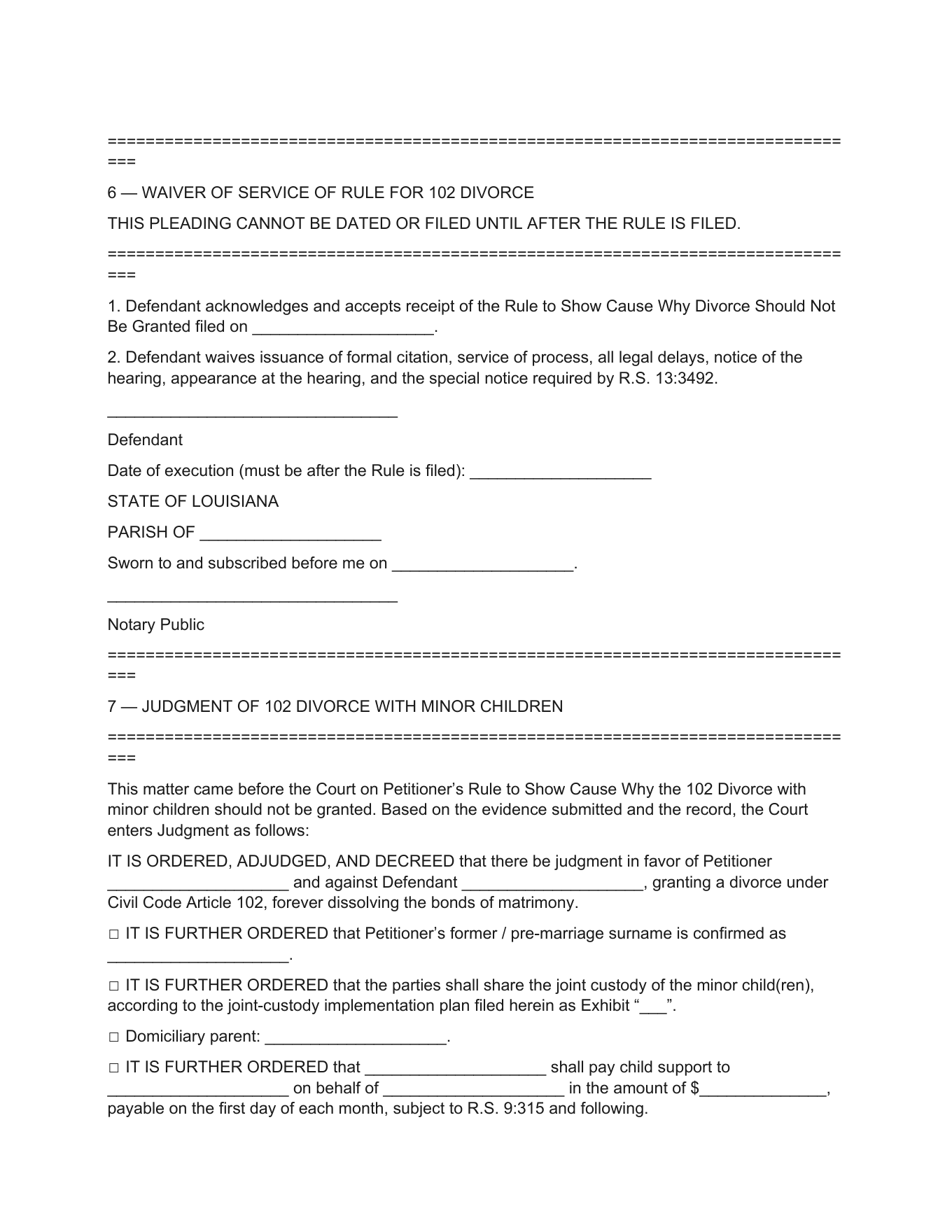 Page 1 of the PublicLegal Louisiana Judgment of 102 Divorce with minor children included in the download