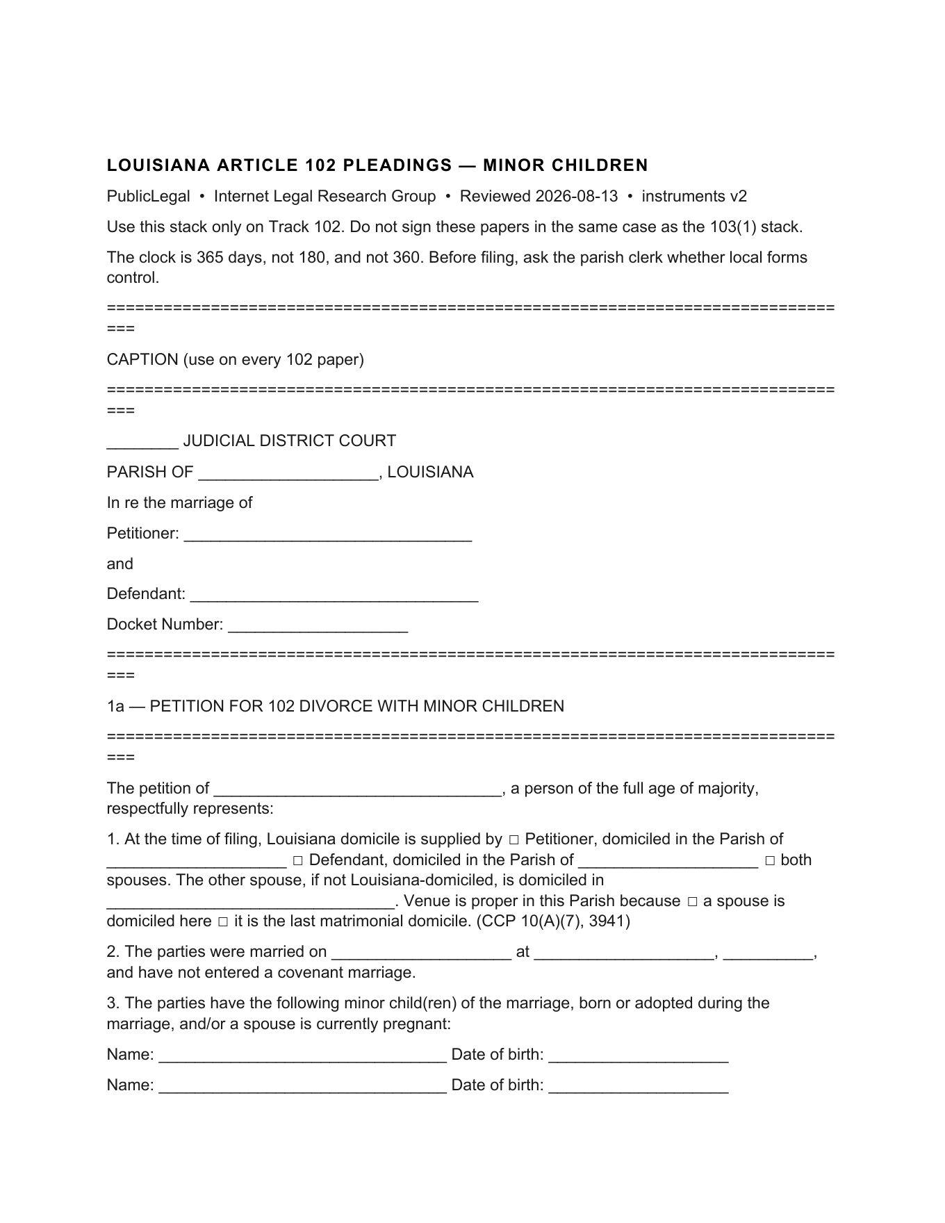 Page 1 of the PublicLegal Louisiana Article 102 minor-children pleading stack included in the download, showing the petition caption
