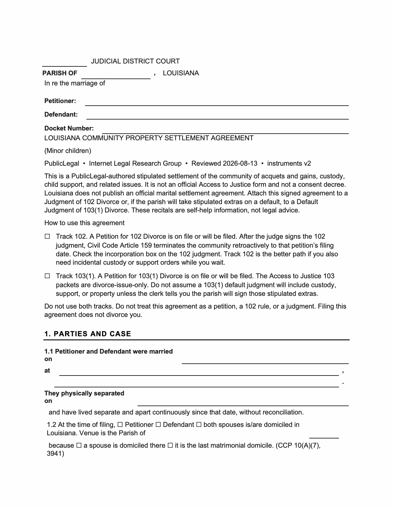 Page 1 of the PublicLegal Louisiana minor-children community property settlement included in the download, caption first