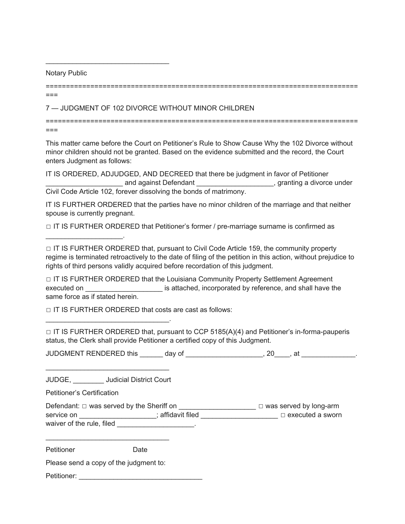 Page 1 of the PublicLegal Louisiana Judgment of 102 Divorce without minor children included in the download
