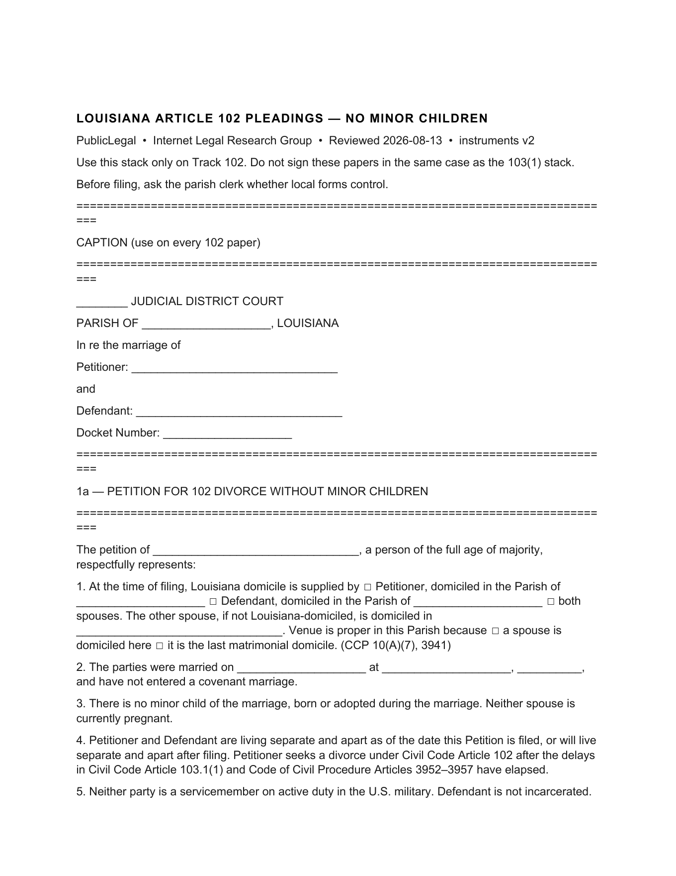 Page 1 of the PublicLegal Louisiana Article 102 no-children pleading stack included in the download, showing the petition caption