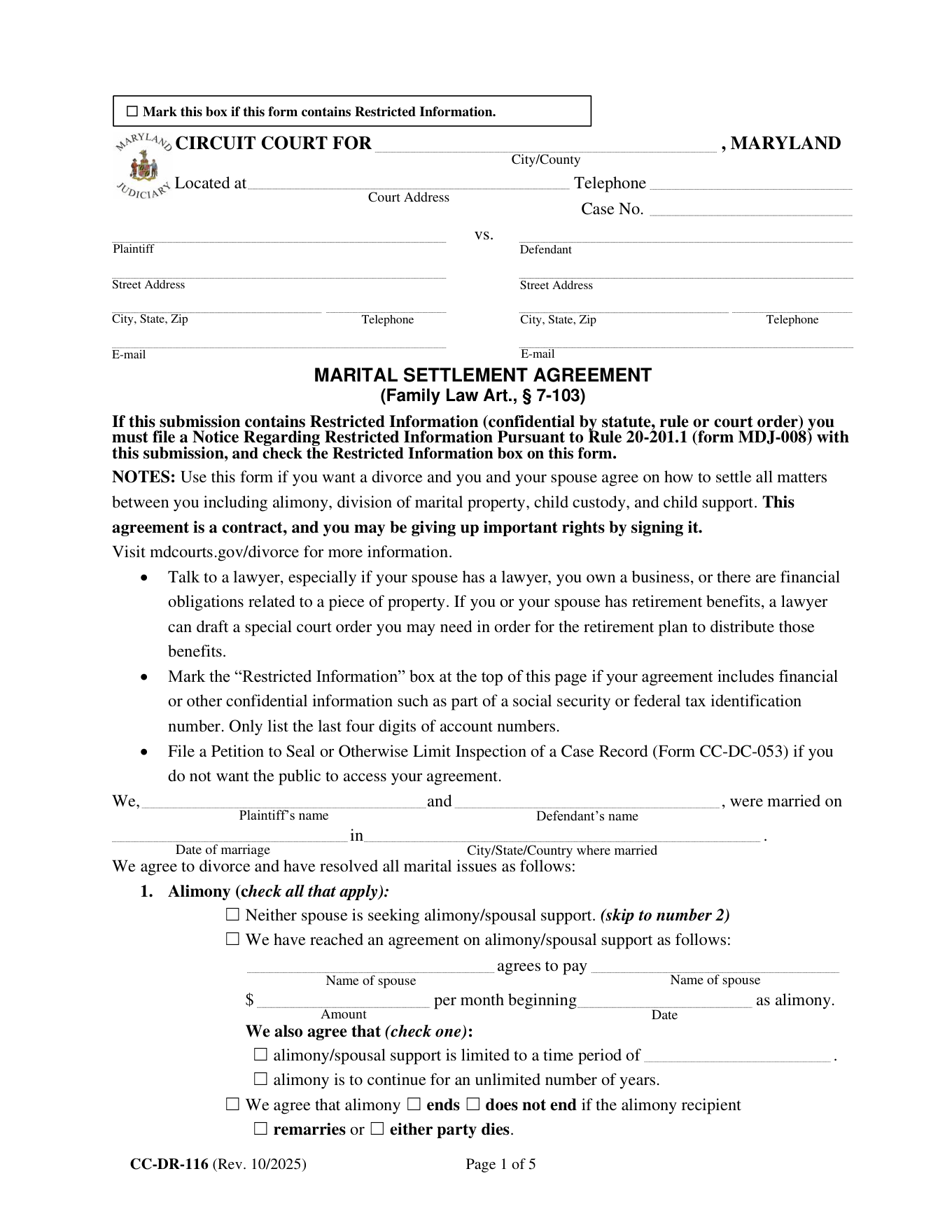 Page 1 of the official Maryland Marital Settlement Agreement CC-DR-116 (minor children) included in the download