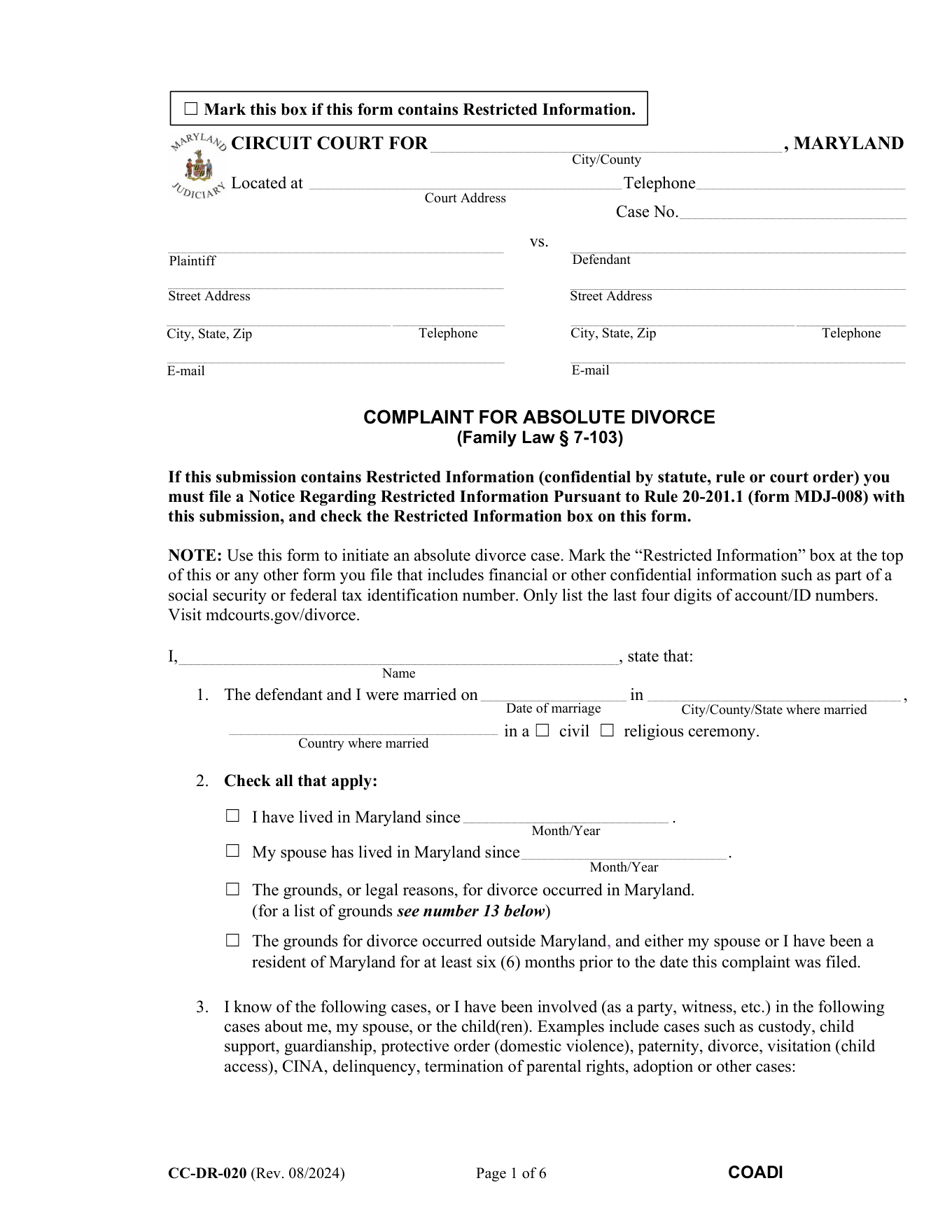 Page 1 of the official Maryland Complaint for Absolute Divorce (no minor children) included in the download