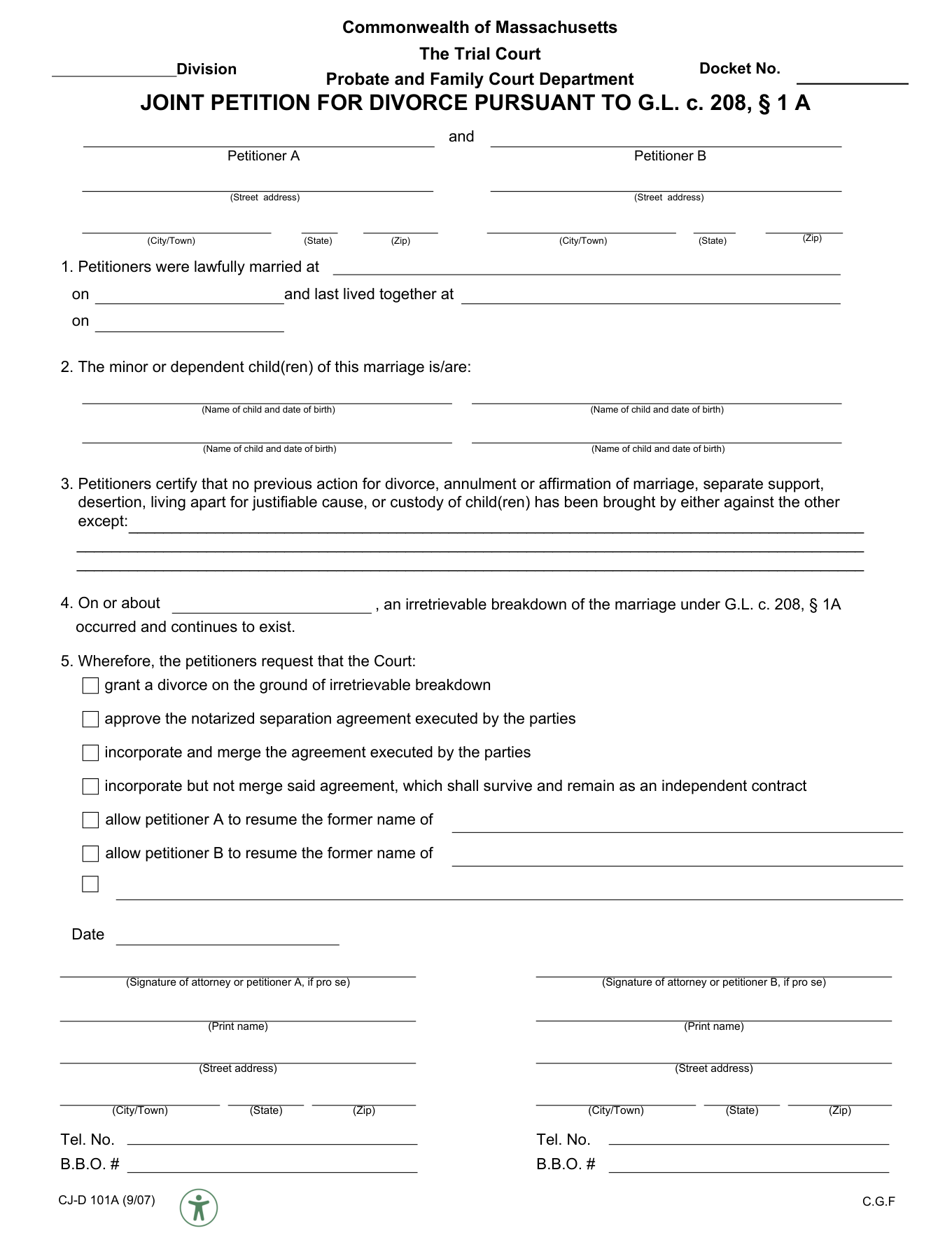 Page 1 of the official Massachusetts Joint Petition for Divorce (CJD 101A) for a case with minor children, included in the download