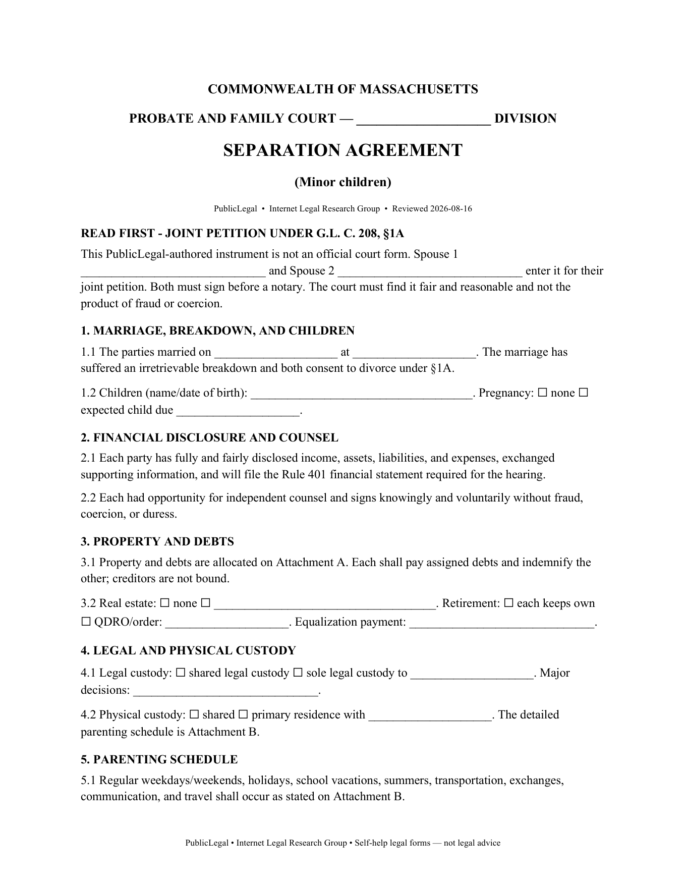 Page 1 of the PublicLegal-authored Massachusetts separation agreement (minor children) included in the download