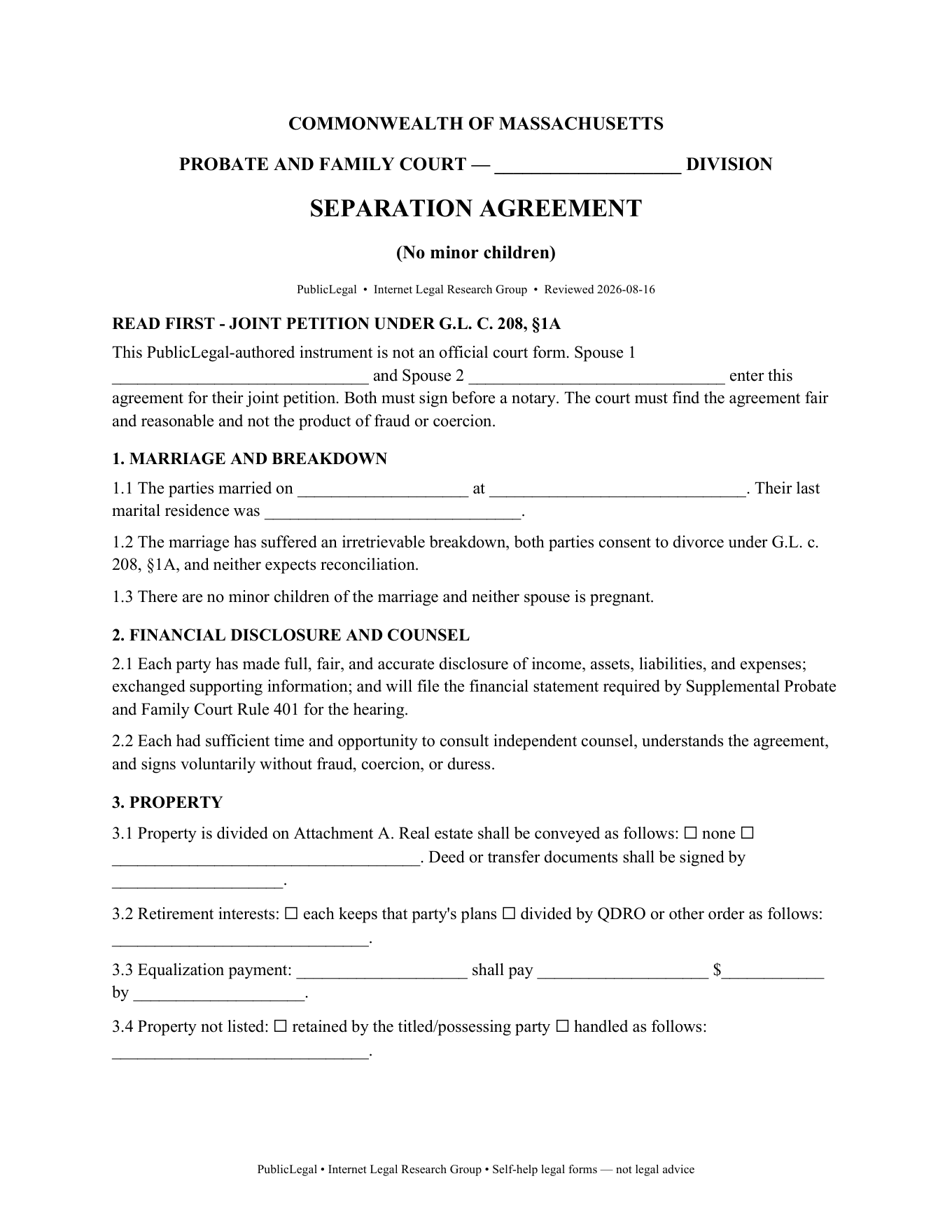 Page 1 of the PublicLegal-authored Massachusetts separation agreement (no minor children) included in the download