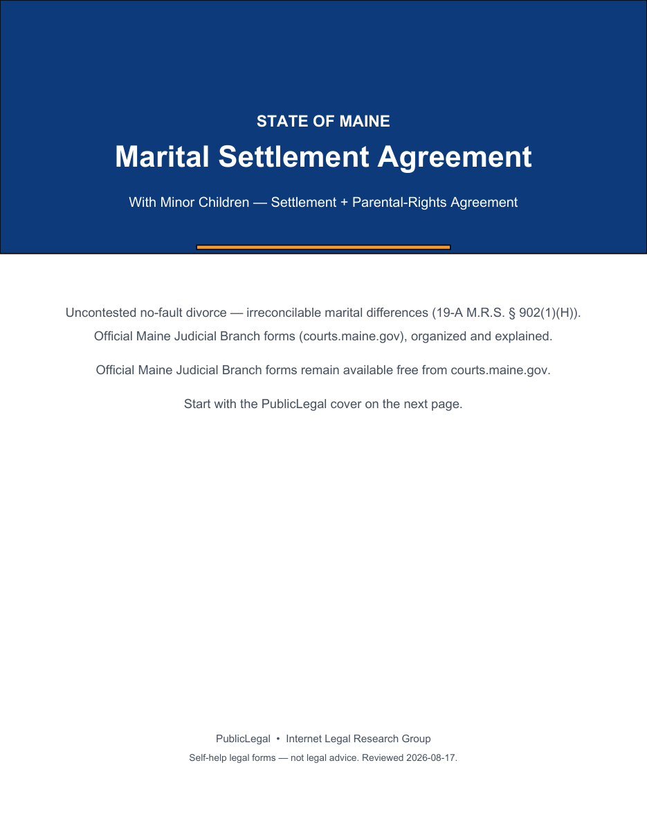 Page 1 of the PublicLegal-authored Maine Marital Settlement Agreement (minor children) included in the download