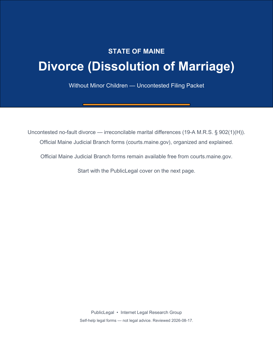 Page 1 of the Maine Divorce Packet without minor children (official OTH-040 set) included in the download