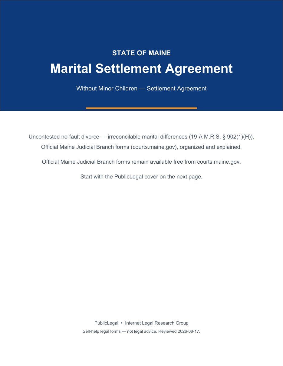 Page 1 of the PublicLegal-authored Maine Marital Settlement Agreement (no children) included in the download