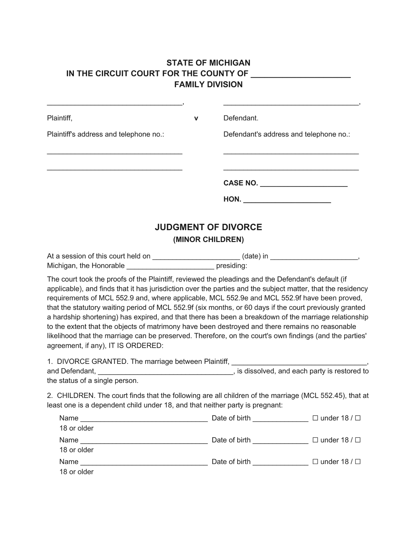 Page 1 of the blank Michigan Judgment of Divorce (Minor Children) included in the download
