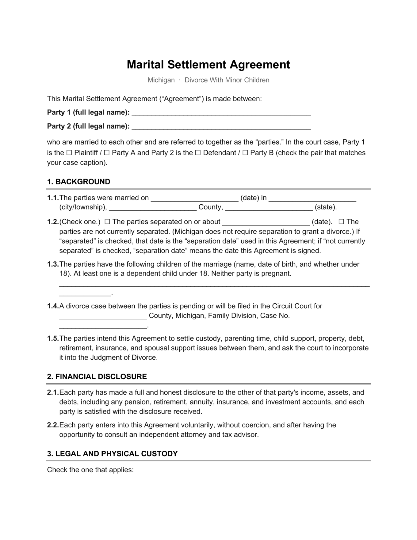 Page 1 of the blank Michigan Marital Settlement Agreement (Minor Children) included in the download