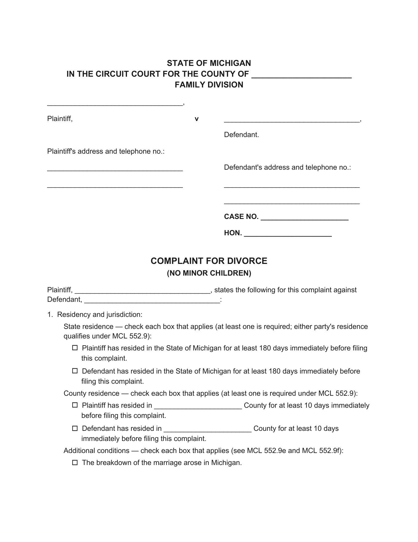 Page 1 of the blank Michigan Complaint for Divorce (No Minor Children) included in the download
