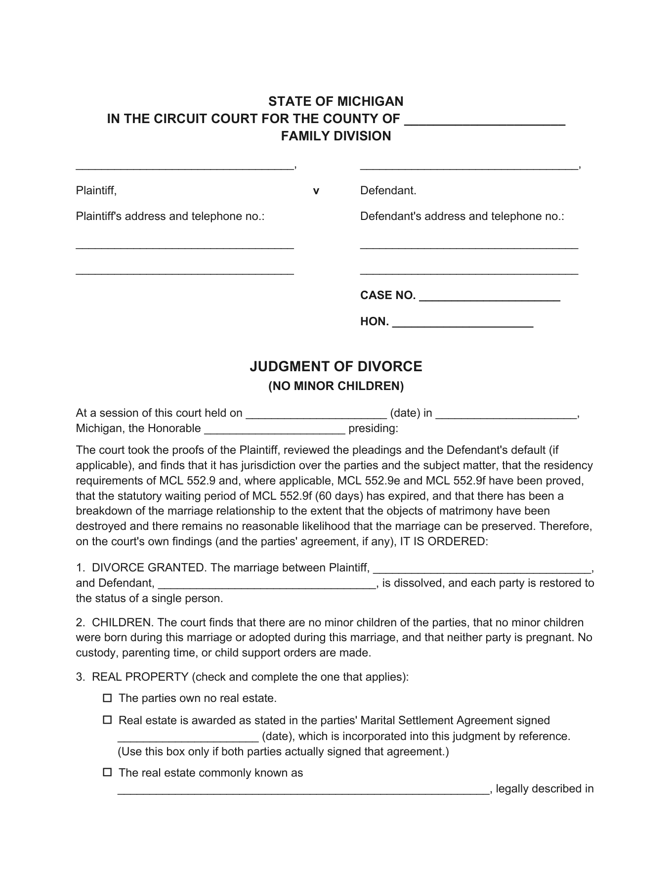 Page 1 of the blank Michigan Judgment of Divorce (No Minor Children) included in the download