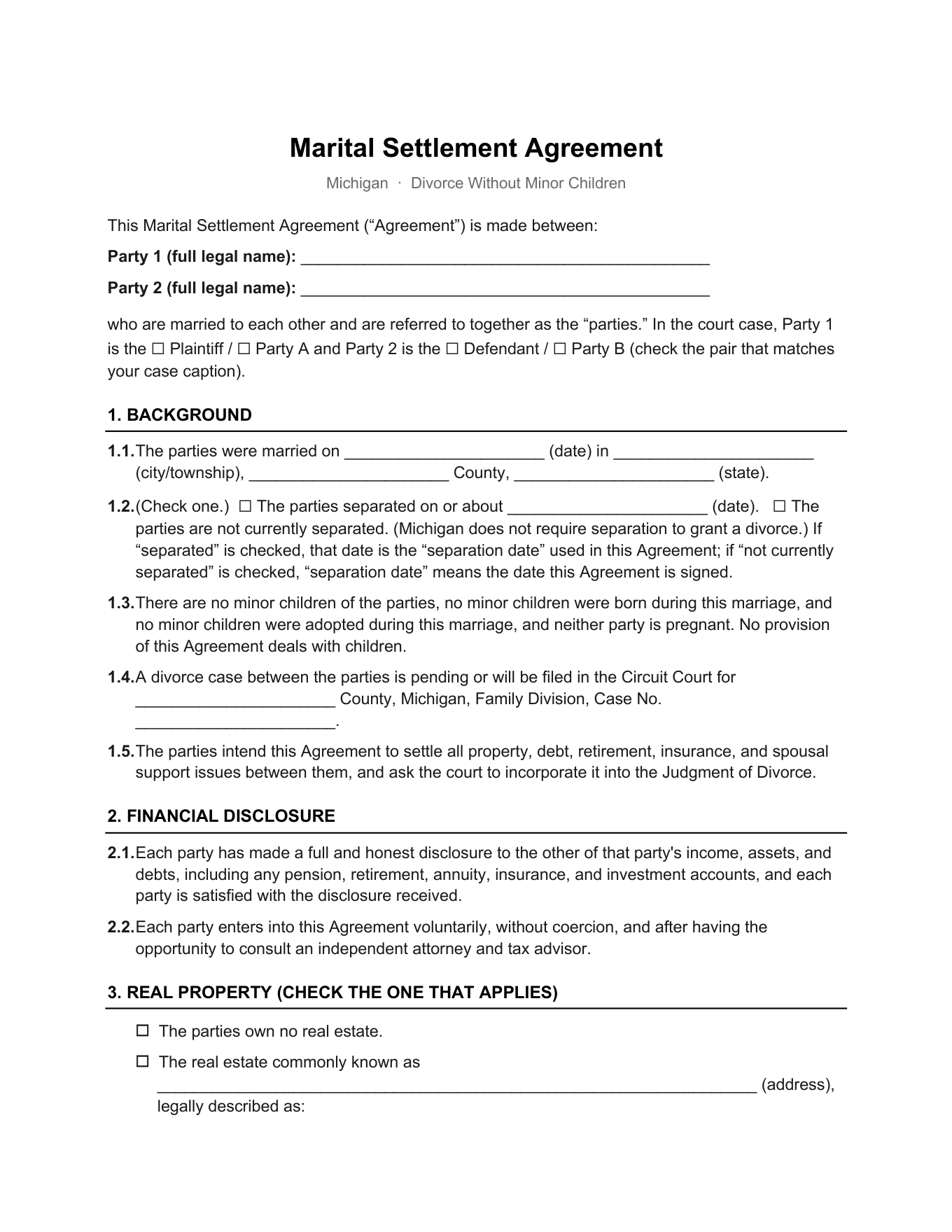 Page 1 of the blank Michigan Marital Settlement Agreement (No Children) included in the download