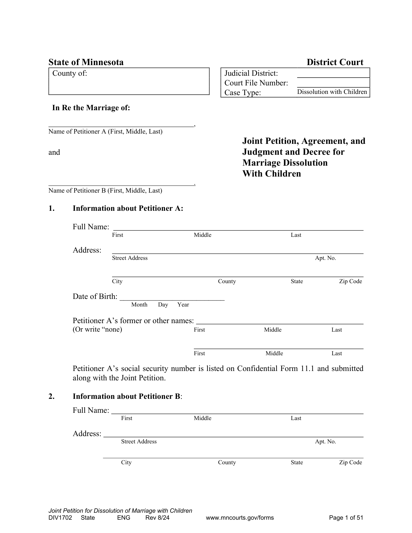 Page 1 of the official Minnesota Joint Petition, Agreement, and Judgment and Decree With Children (DIV1702) included in the download