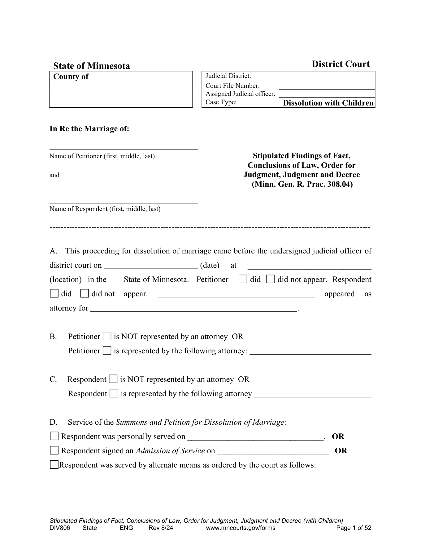 Page 1 of the official Minnesota Stipulated Findings and Judgment and Decree With Minor Children (DIV806) included in the download