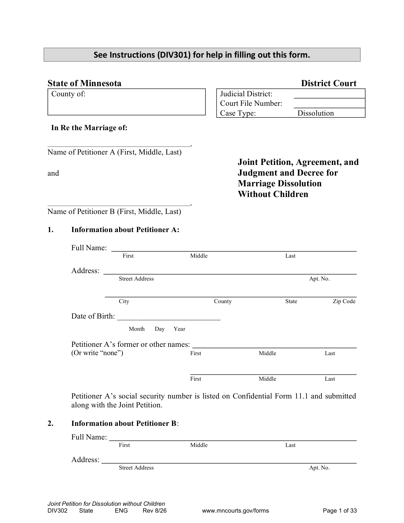 Page 1 of the official Minnesota Joint Petition, Agreement, and Judgment and Decree Without Children (DIV302) included in the download