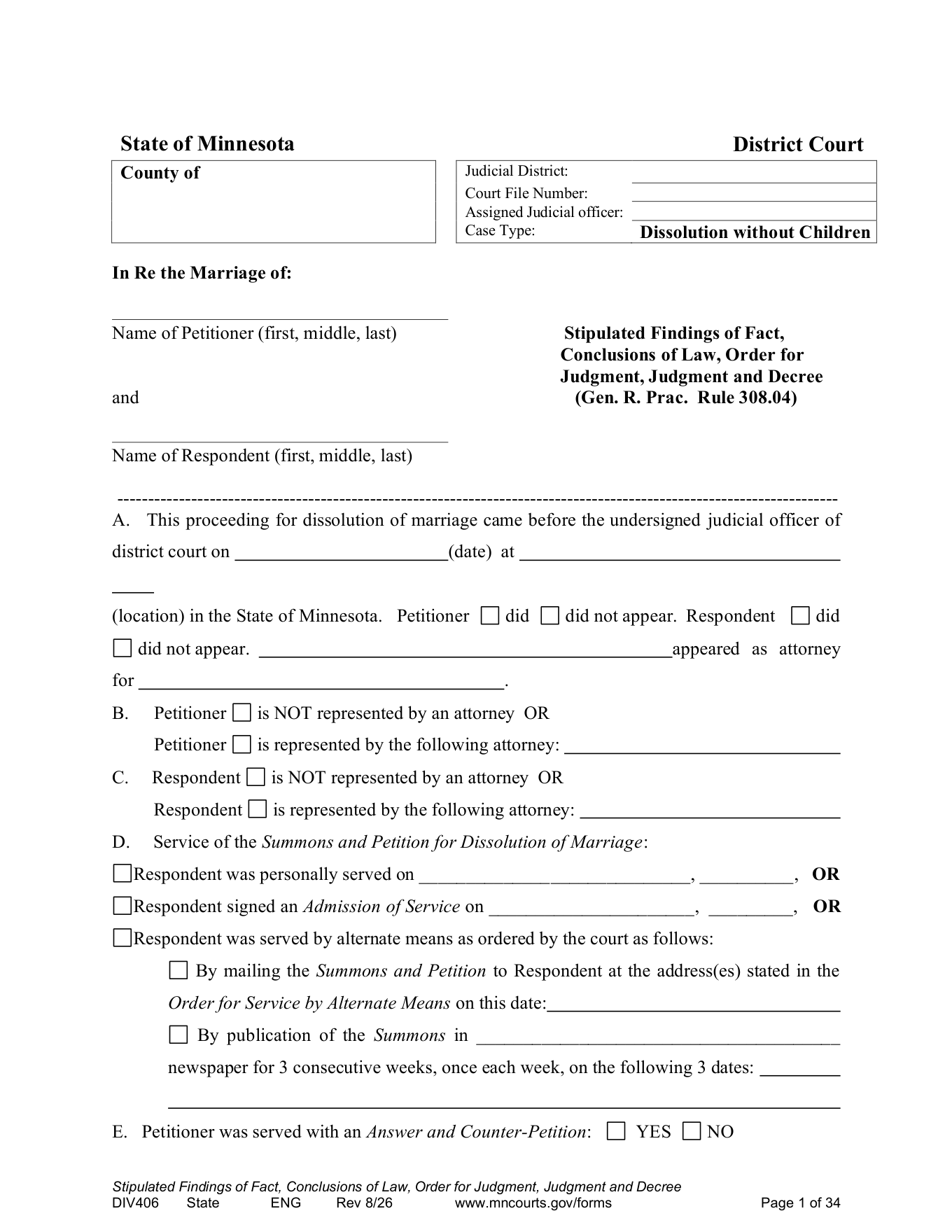 Page 1 of the official Minnesota Stipulated Findings and Judgment and Decree Without Minor Children (DIV406) included in the download