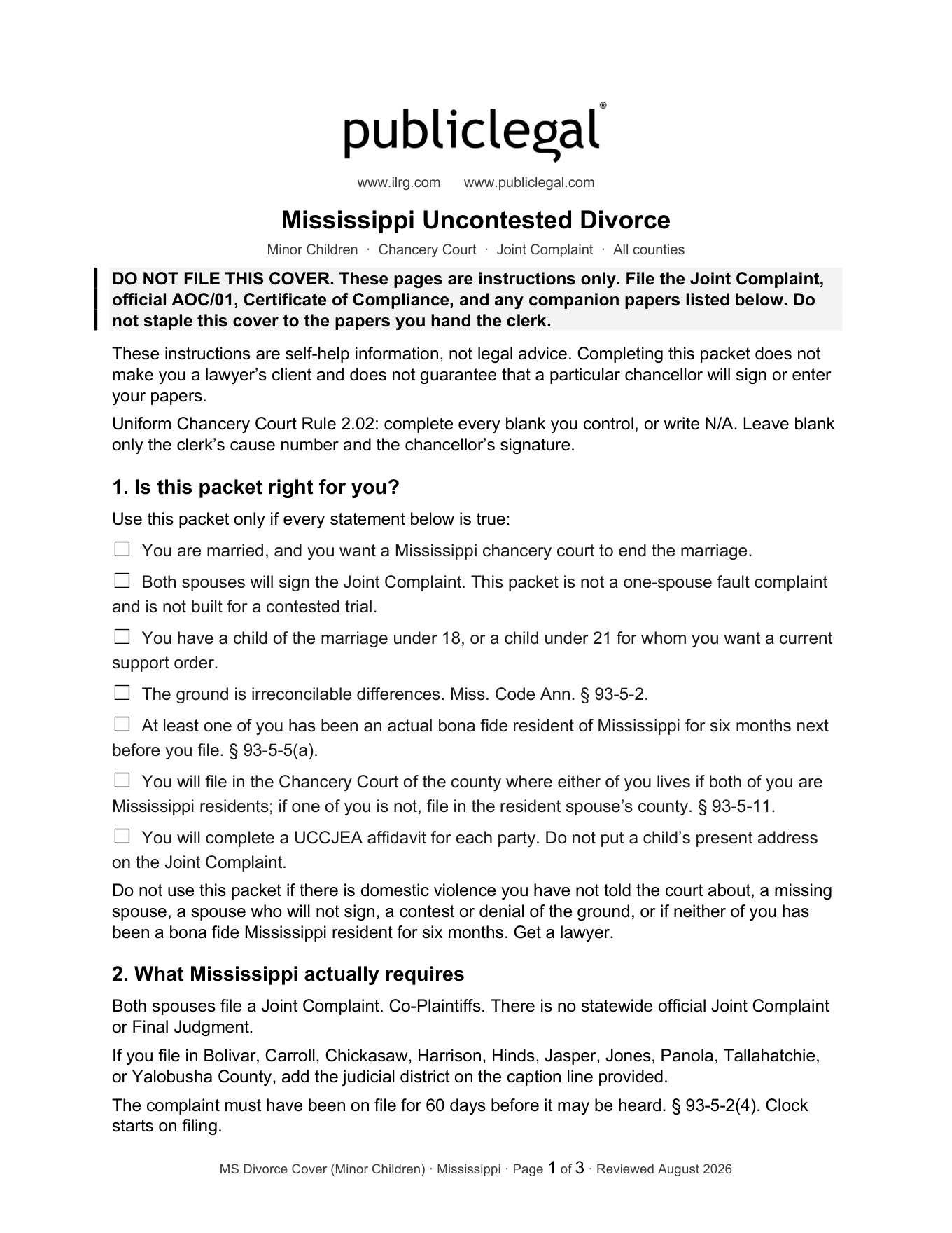 Cover page of the PublicLegal Mississippi divorce packet instructions (minor children) included in the download