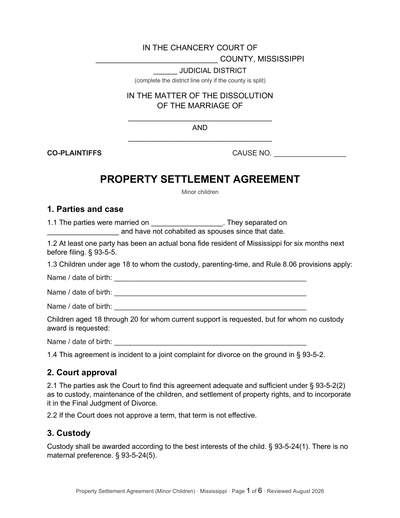 Page 1 of the PublicLegal Mississippi Property Settlement Agreement (Minor Children) included in the download