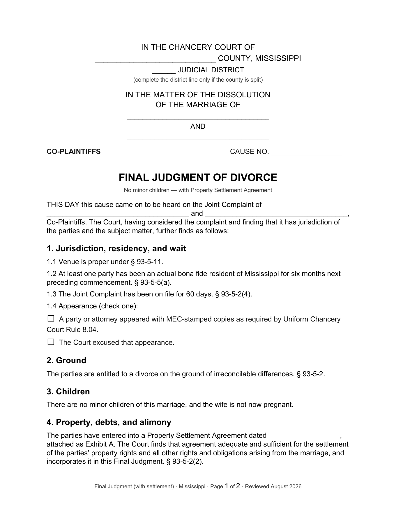 Page 1 of the PublicLegal Mississippi Final Judgment of Divorce (No Minor Children) included in the download