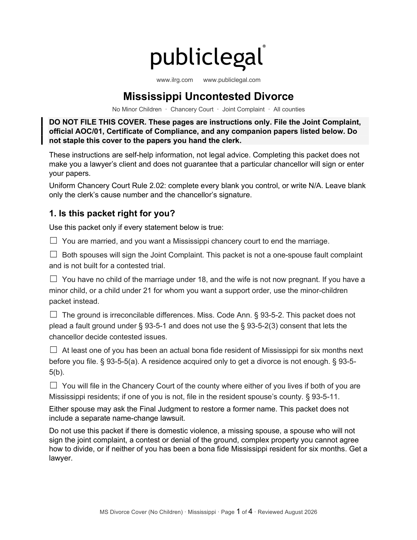 Cover page of the PublicLegal Mississippi divorce packet instructions (no minor children) included in the download