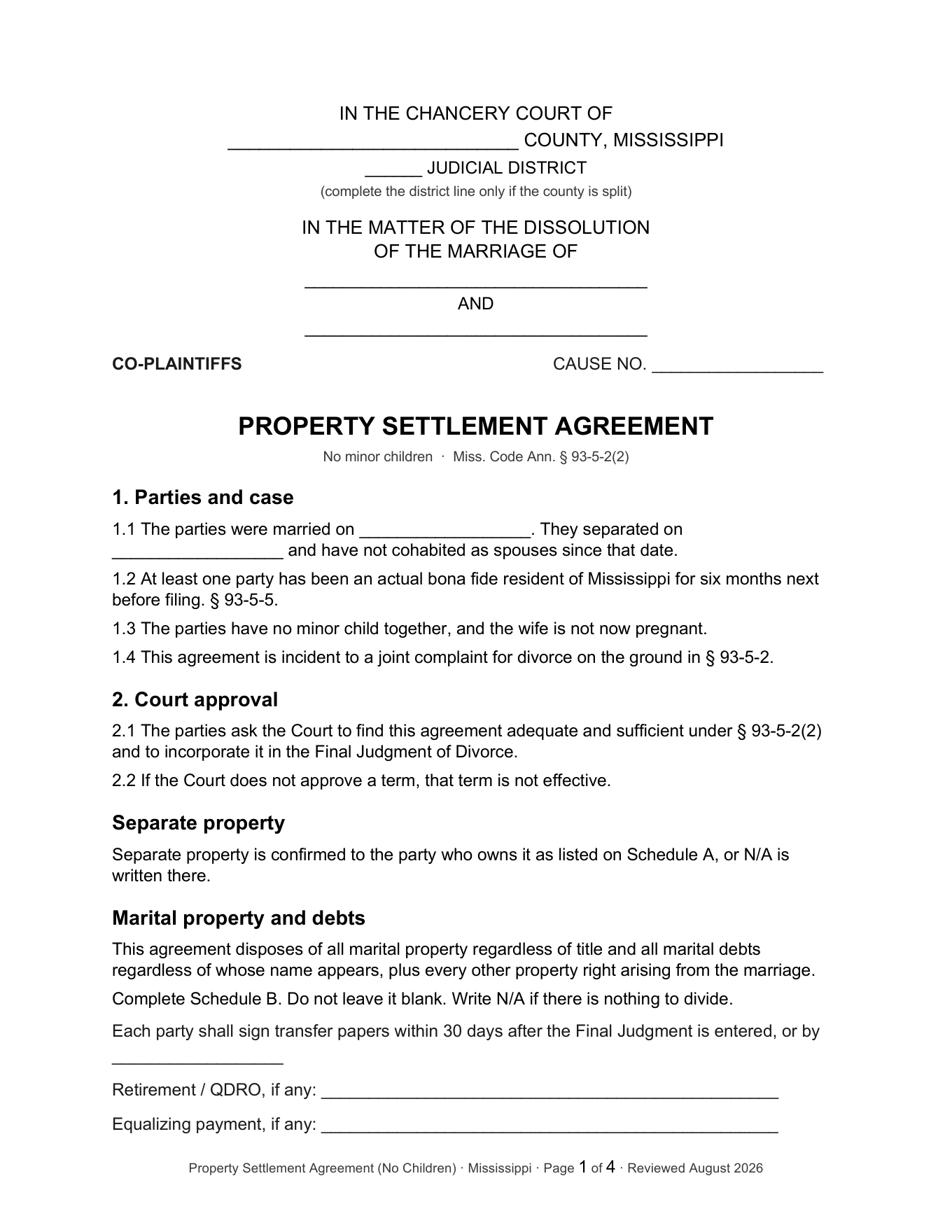 Page 1 of the PublicLegal Mississippi Property Settlement Agreement (No Minor Children) included in the download