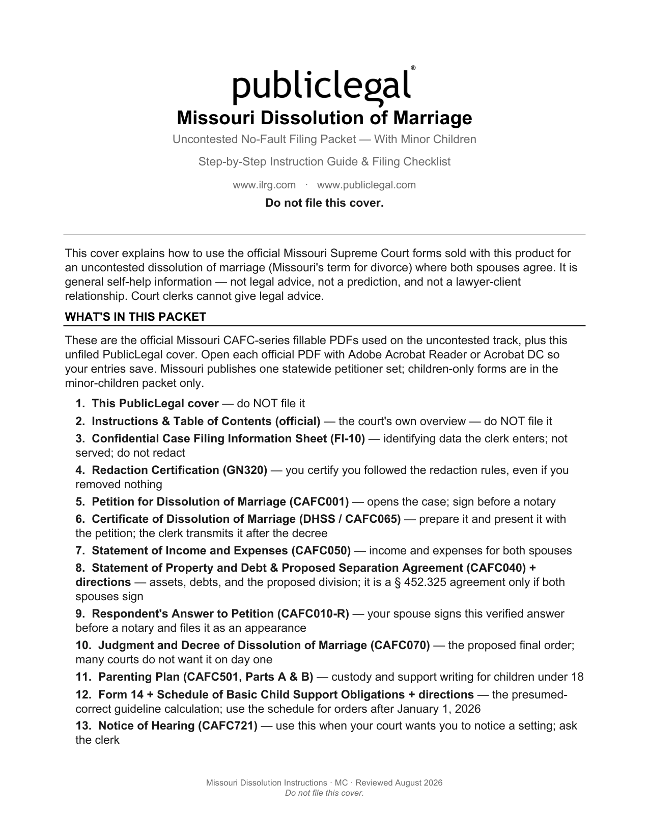 Cover page of the PublicLegal Missouri dissolution packet instructions (minor children) included in the download