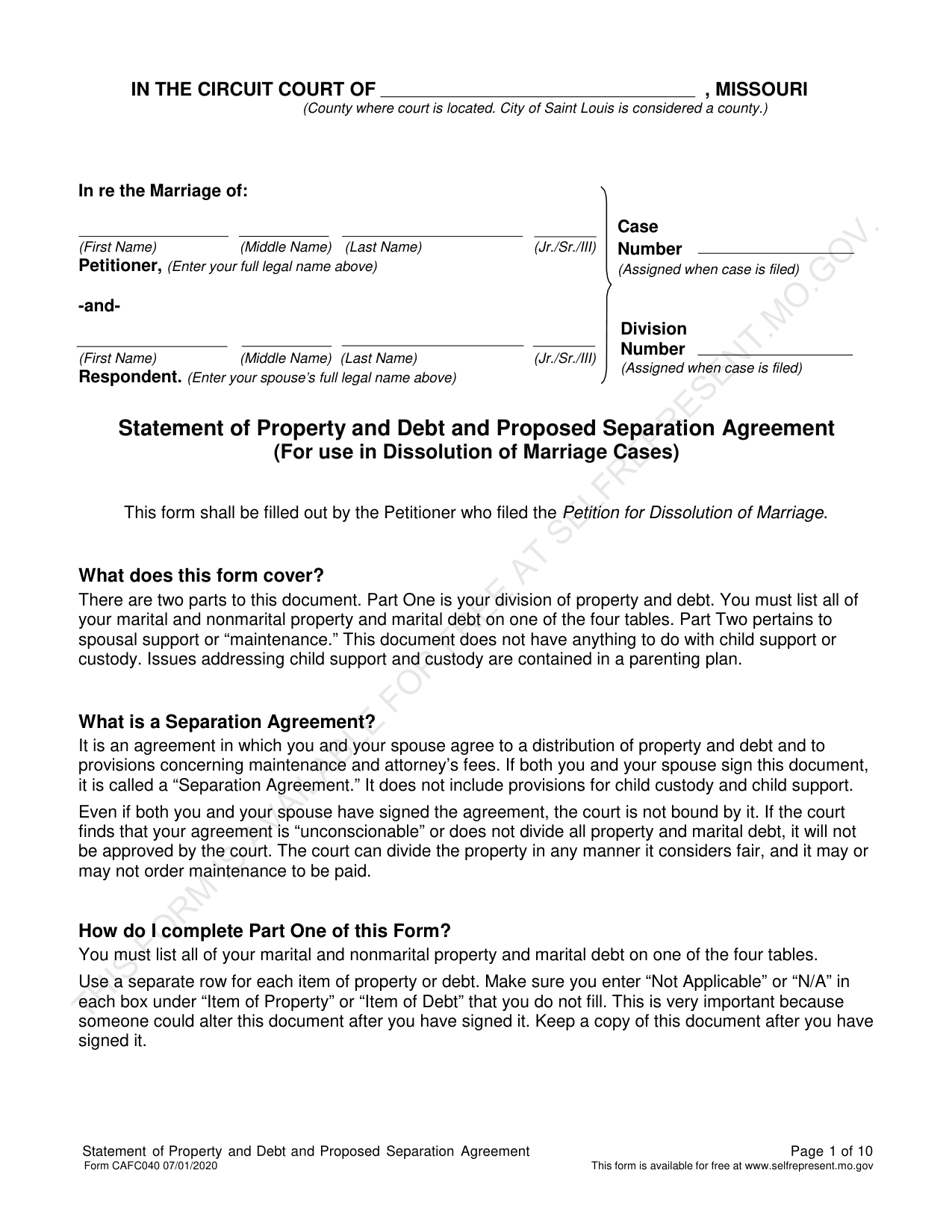 Page 1 of the blank official Missouri Statement of Property and Debt and Proposed Separation Agreement (Form CAFC040) included in the download