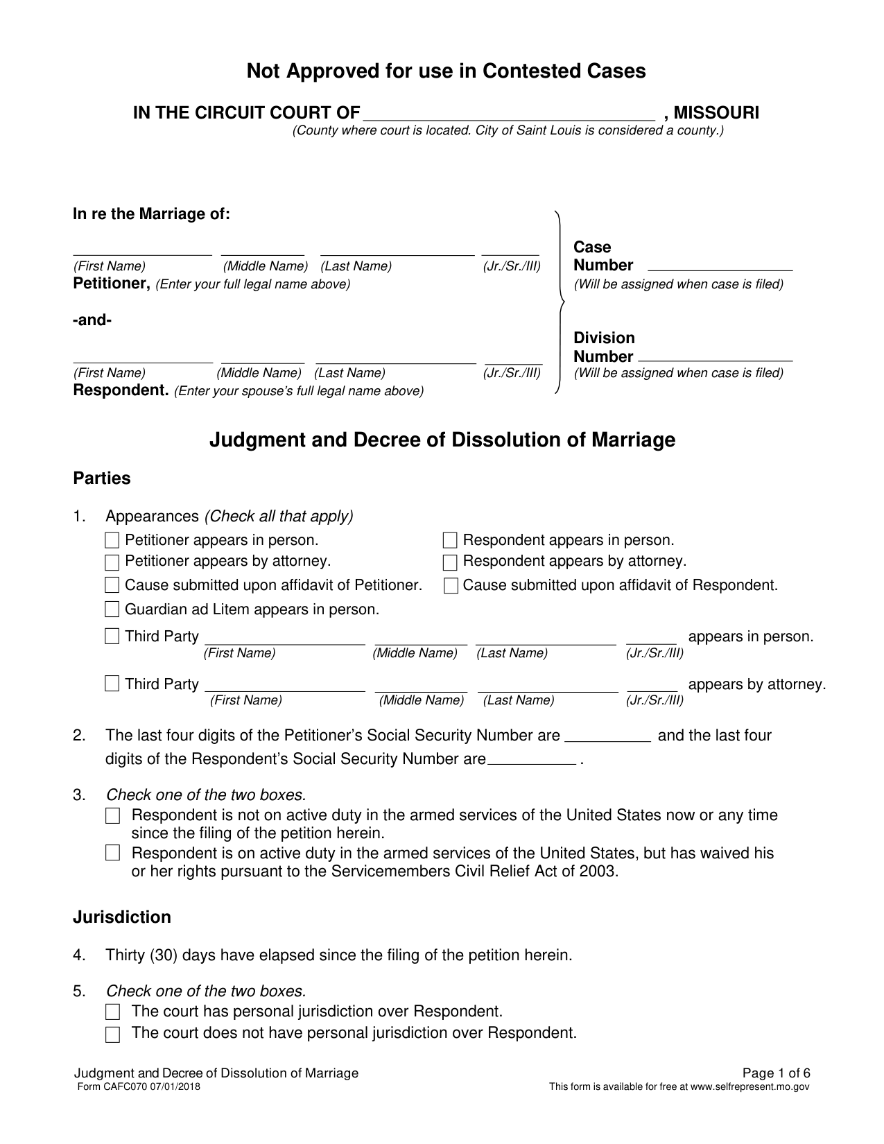 Page 1 of the blank official Missouri Judgment and Decree of Dissolution of Marriage (Form CAFC070) included in the download