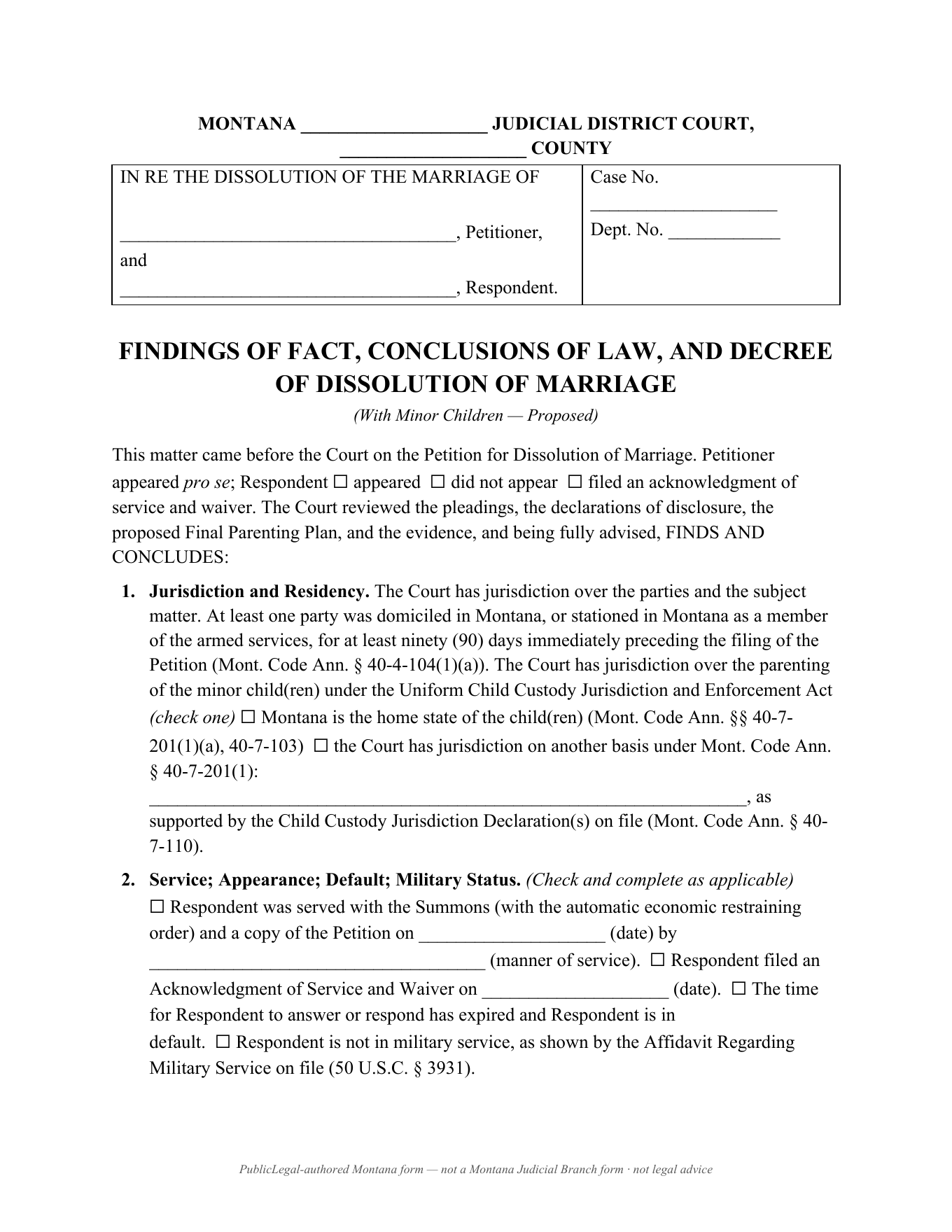 Page 1 of the PublicLegal-authored Montana proposed Decree of Dissolution (With Minor Children) included in the download